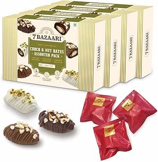 7 BAZAARI™ Premium Choco & Nut Dates - Gluten Free, Natural Ingredients - Assorted Almond Dark Chocolate, Cashew Milk Chocolate- 6pcs (Pack of 4)