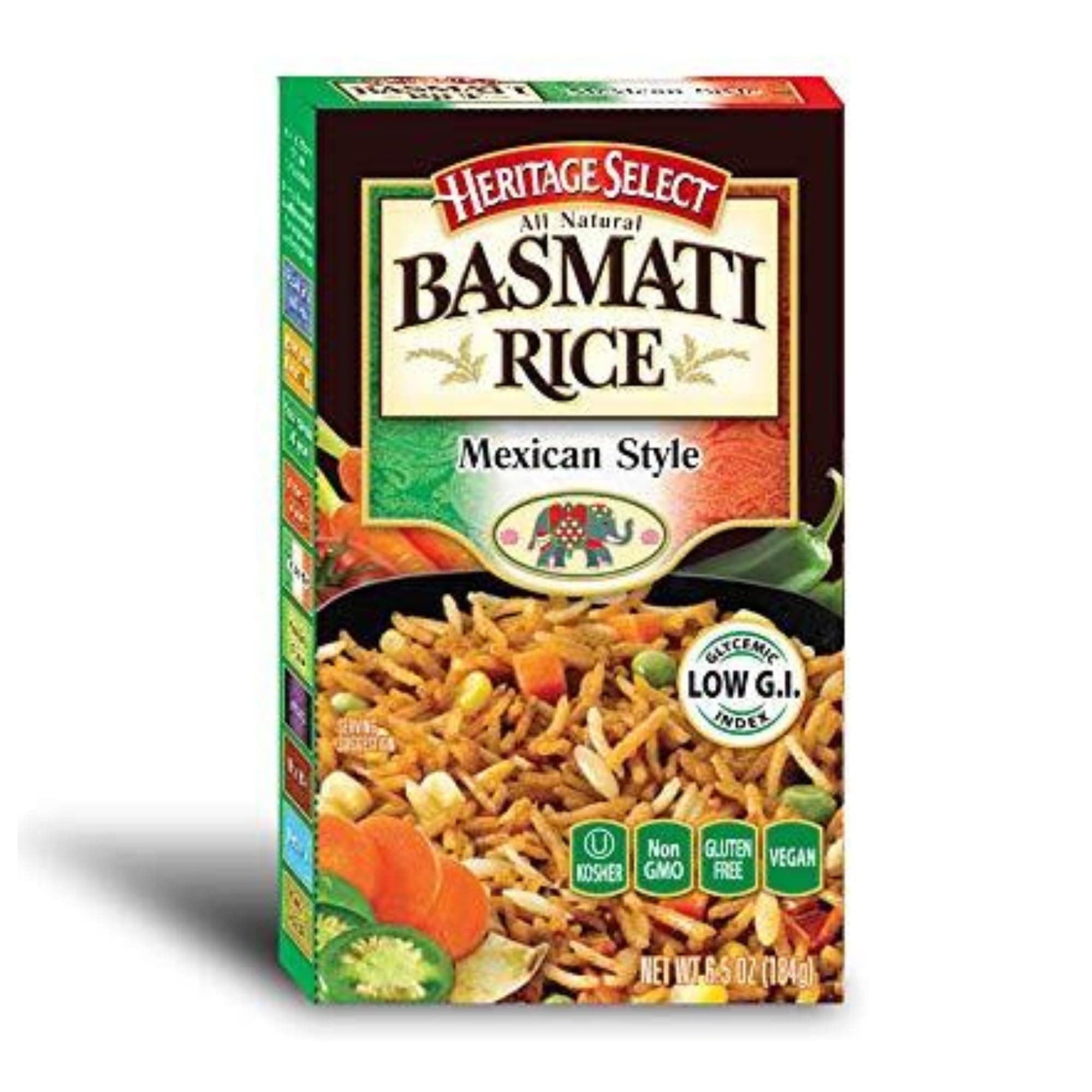 Basmati Rice by Heritage Select (6-Pack, 6.05oz Box) Mexican Style, Ready To Heat Flavored Rice - Non-GMO, Vegan, Kosher, Gluten Free, Low Glycemic Index