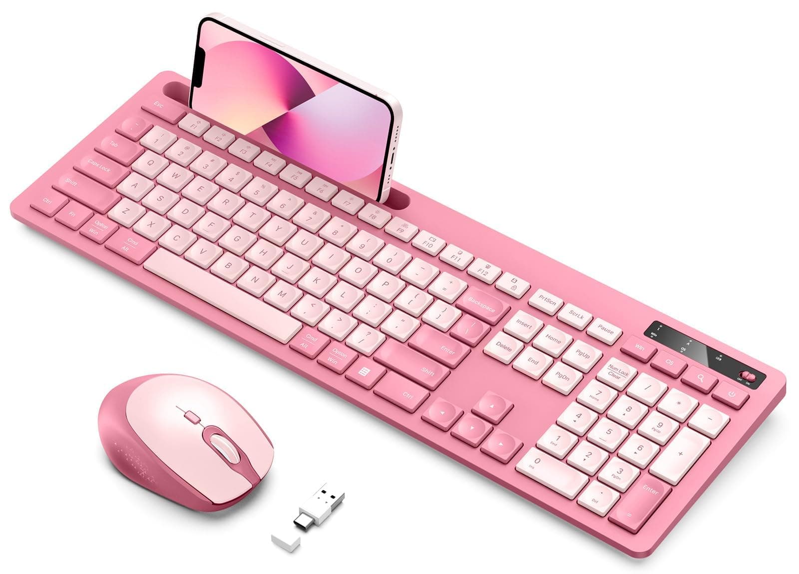 Wireless Keyboard and Mouse Set Rose Pink, Vivefox Wireless Keyboard with Phone Holder, USB A & Type C Cute Keyboard and Mouse Compatible for Mac, MacBook/Air/Pro Windows Computer Heartbreaker Rose