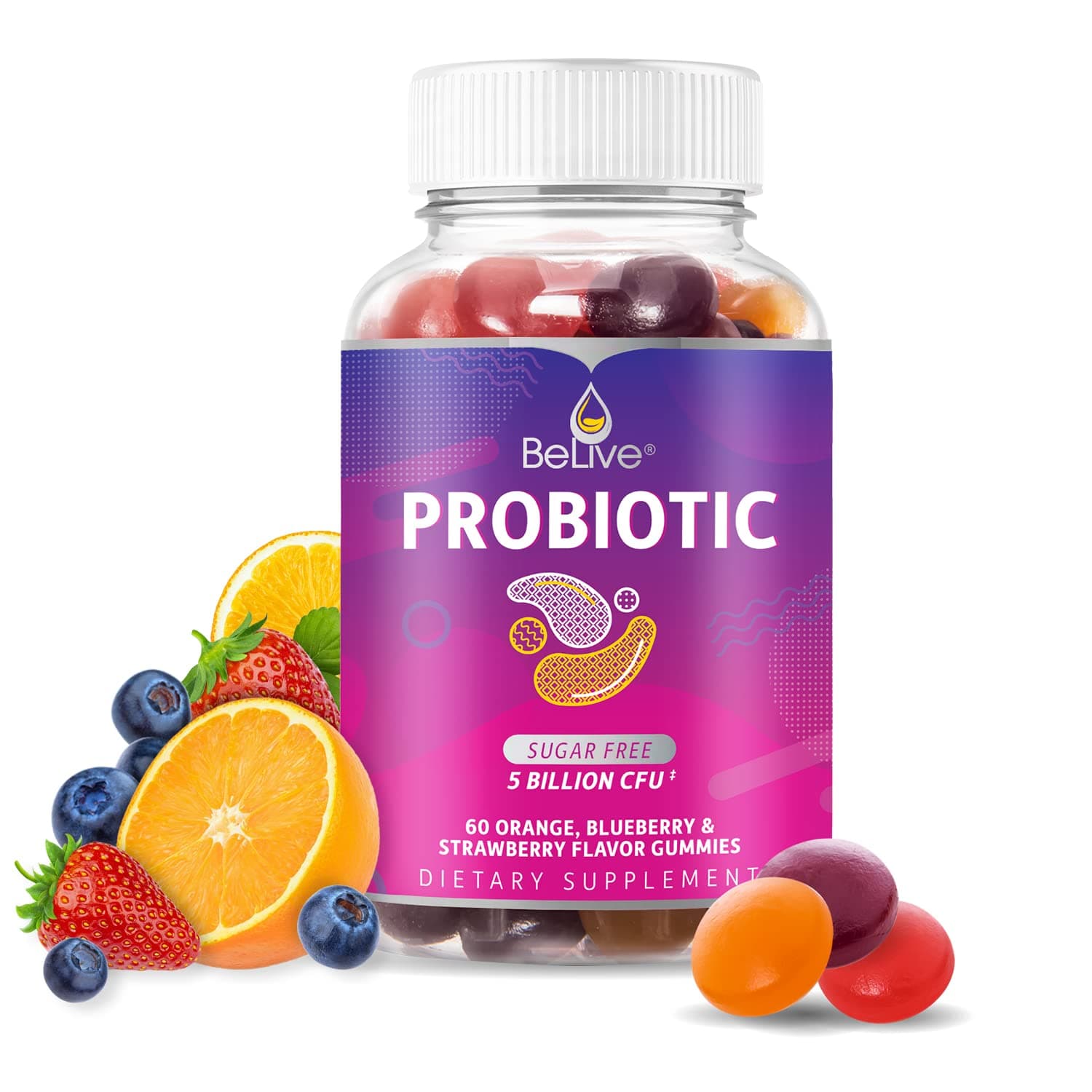 Probiotic Gummies - Probiotics with 5 Billion CFUs for Digestive Health, Men, Women & Kids - for Immune Support, Sugar Free & Vegan | 60 Ct – Blueberry, Strawberry & Orange (60 Count)