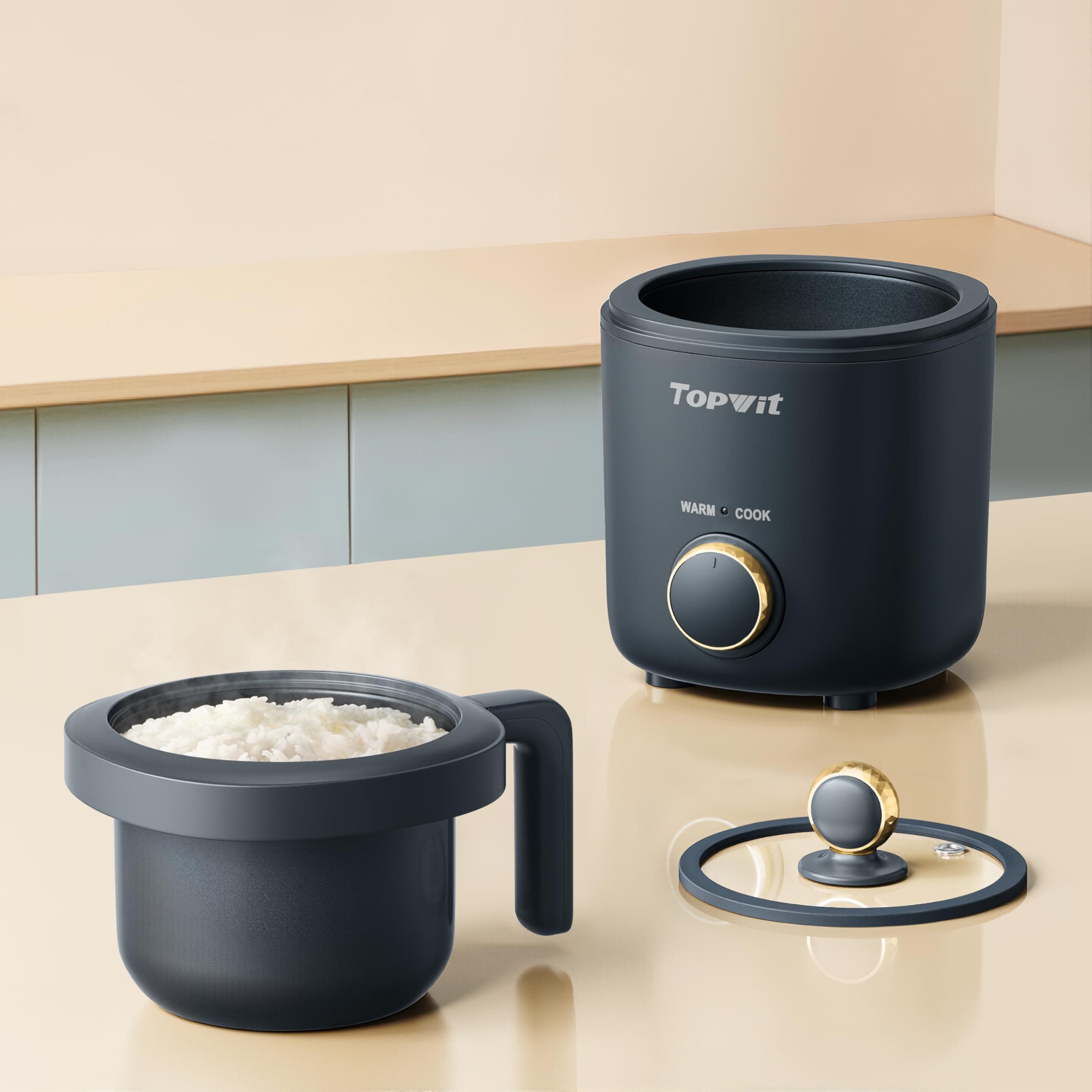TOPWIT - Small Rice Cooker - 2 Cups Uncooked - 1.2L Mini Rice Cooker with Non-Stick Coating, BPA Free, Portable Rice Maker with One Touch and Keep Warm Function, Gray
