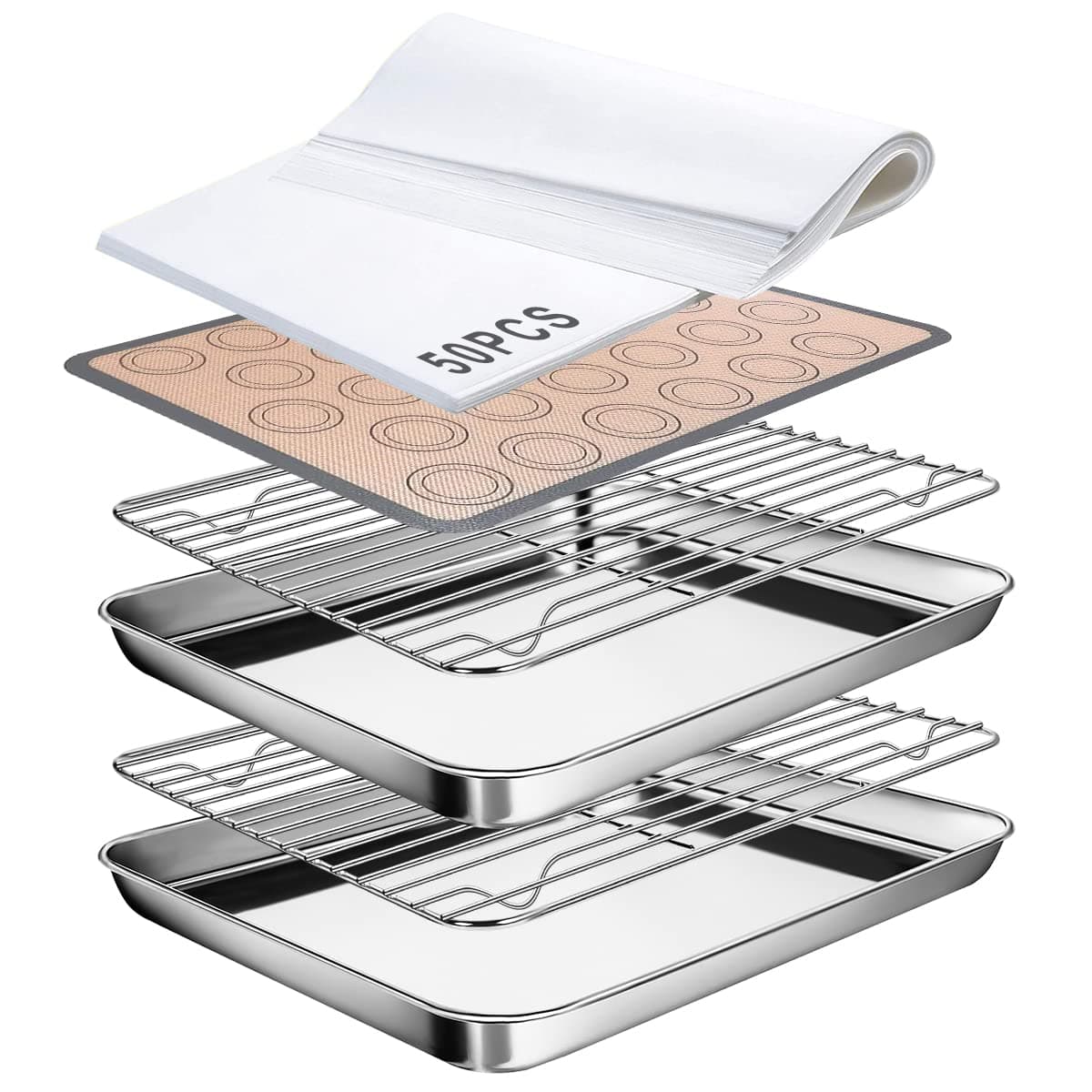 Baking Sheet, Skoche 55 Pcs 16 inch Baking Sheet Set with Stainless Steel Baking Cookie Pans & Cooling Rack,Silicone Baking Mat & 50 Pcs Parchment Papers