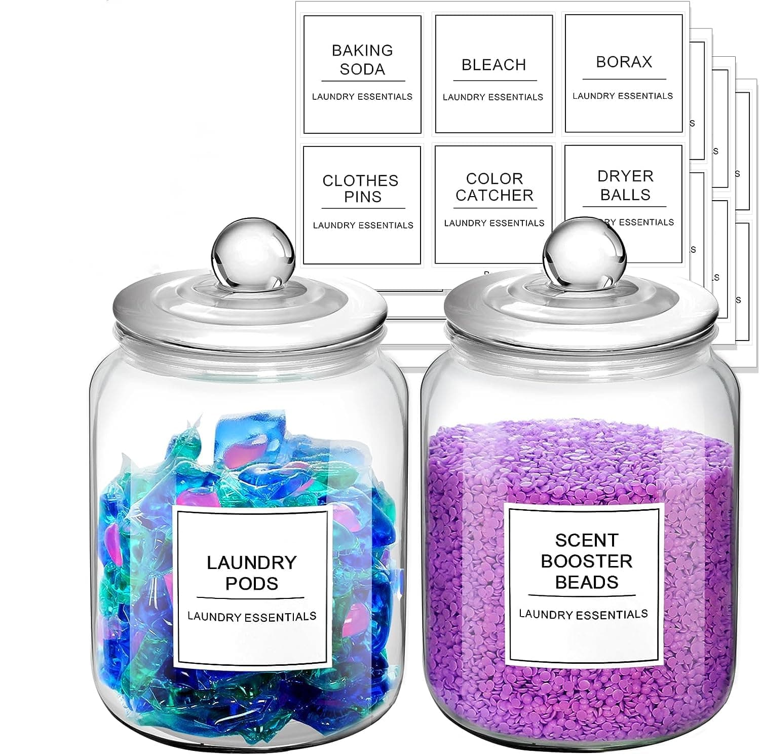 2 Pcs Glass Jars for Laundry Room Organization, 1/2 Gallon Glass Laundry Pods Container,Glass Containers with Lids Storage Labels, Suitable for Detergent Powder,Dryer balls,Scent Boosters,Laundry Room