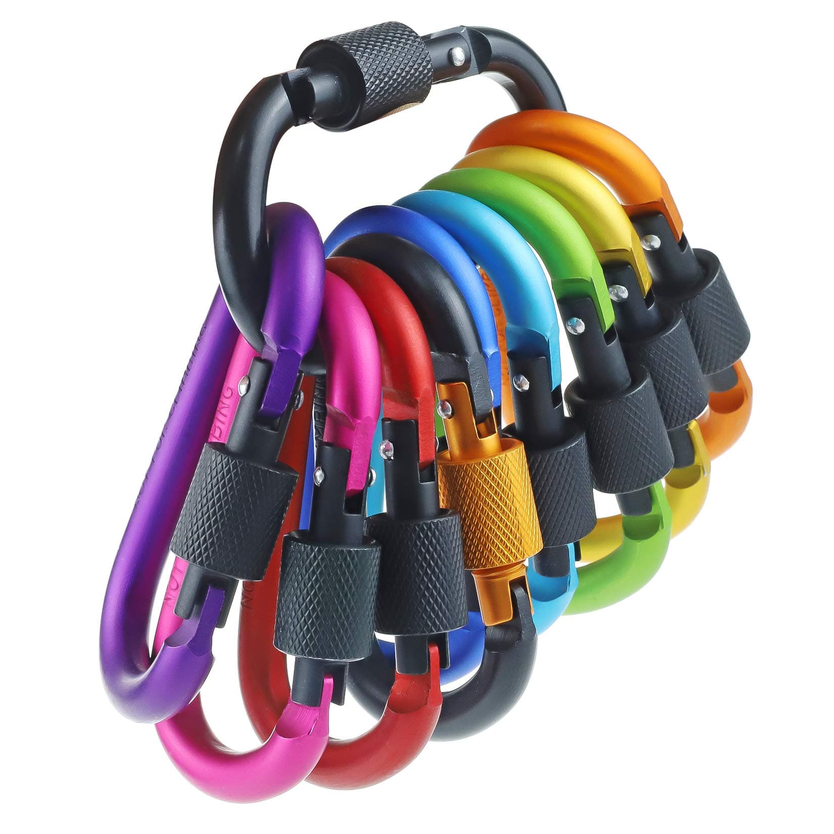 10 Pack Aluminum D Ring Key Rings Hiking Clips Locking Carabiner for Hiking Camping Fishing and Outdoor Use,Clips with Screw Gate