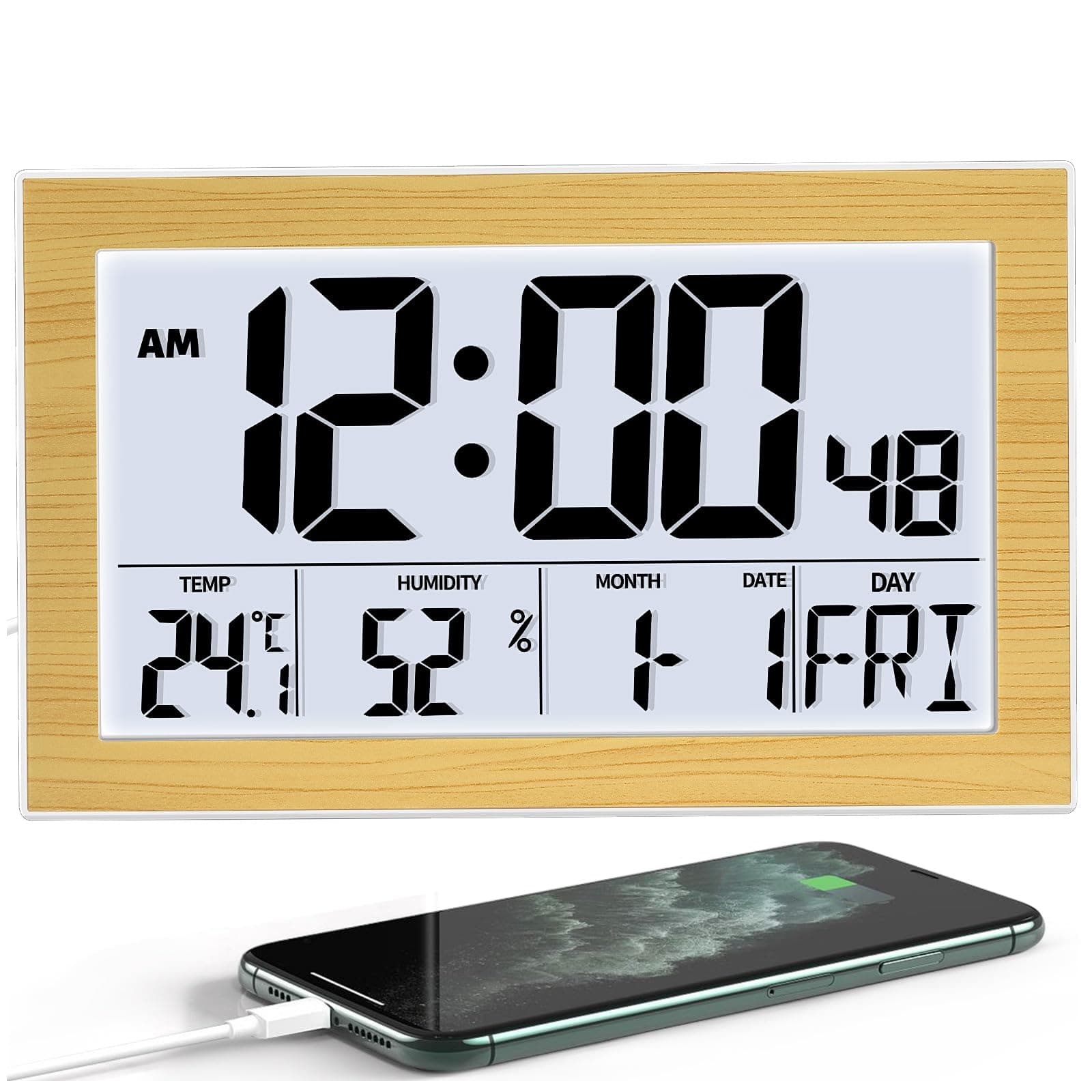 zerotop Digital Clocks Large Display Digital Wall Alarm Clock with Temperature/Humidity/Date/12/24H/2 Alarm/Snooze, Adjustable Brightness Bedside Clock Table Clock for Home Office Kitchen School