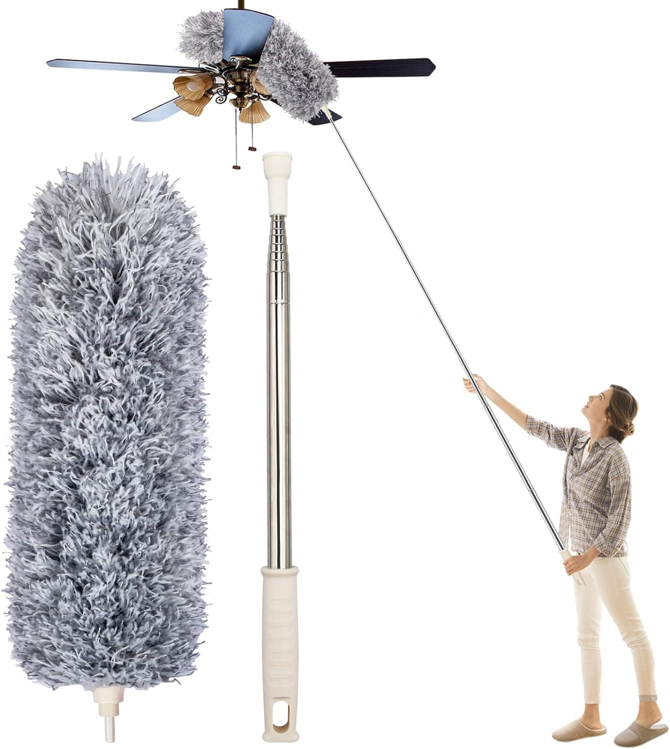 SHUTTLE ART 2025 Upgraded Microfiber Feather Bendable & Extendable Fan Cleaning Duster with 100 inch Pole Handle Washable Duster Wet and Dry Duster Set Pack of 1