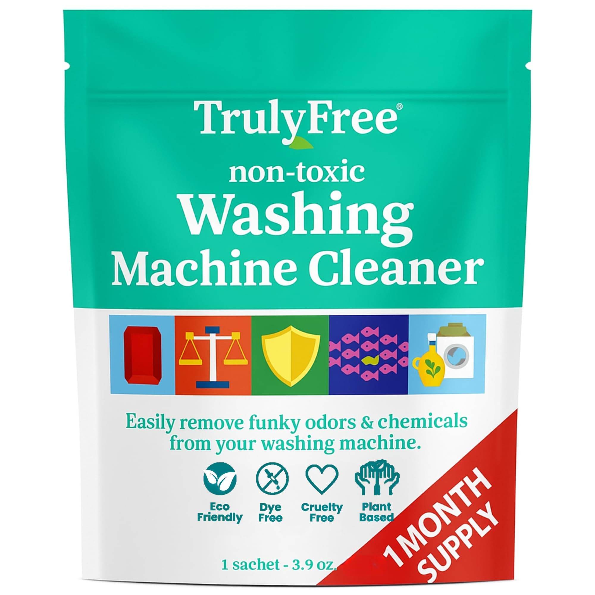 Truly Free Laundry Washing Machine Cleaner and Deodorizer | Top Load & Front Load Washer Cleaner for Grime, Mold, Odor Remover | Safe for HE Washing Machines & Septic Tanks, Non Toxic, Natural, Clean