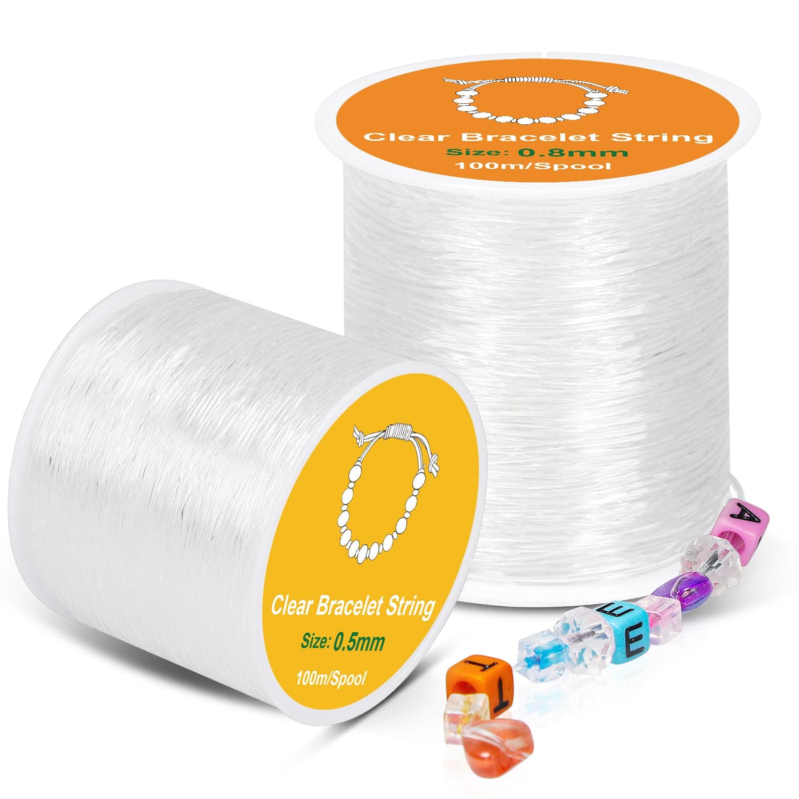 Clear Bracelet String, 2 Rolls 0.5mm, 0.8mm Elastic String for Bracelets, Suitable for DIY Jewellery Making, Necklace,Bracelet, Craft (100m/Spool)