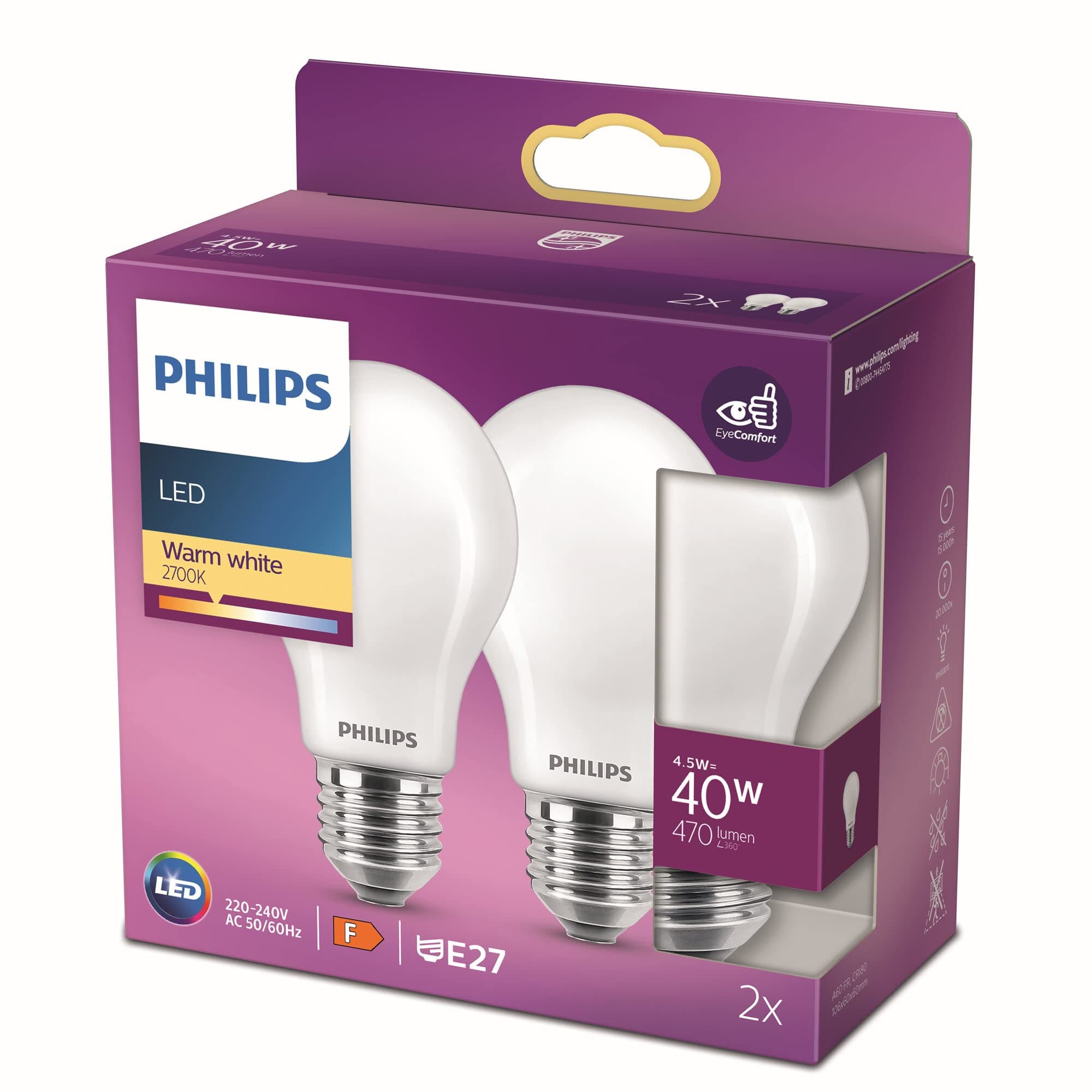 PHILIPS LEDclassic E27 bulb, double pack, 470 lumens equivalent to 40 W, warm white (2,700 Kelvin), matt