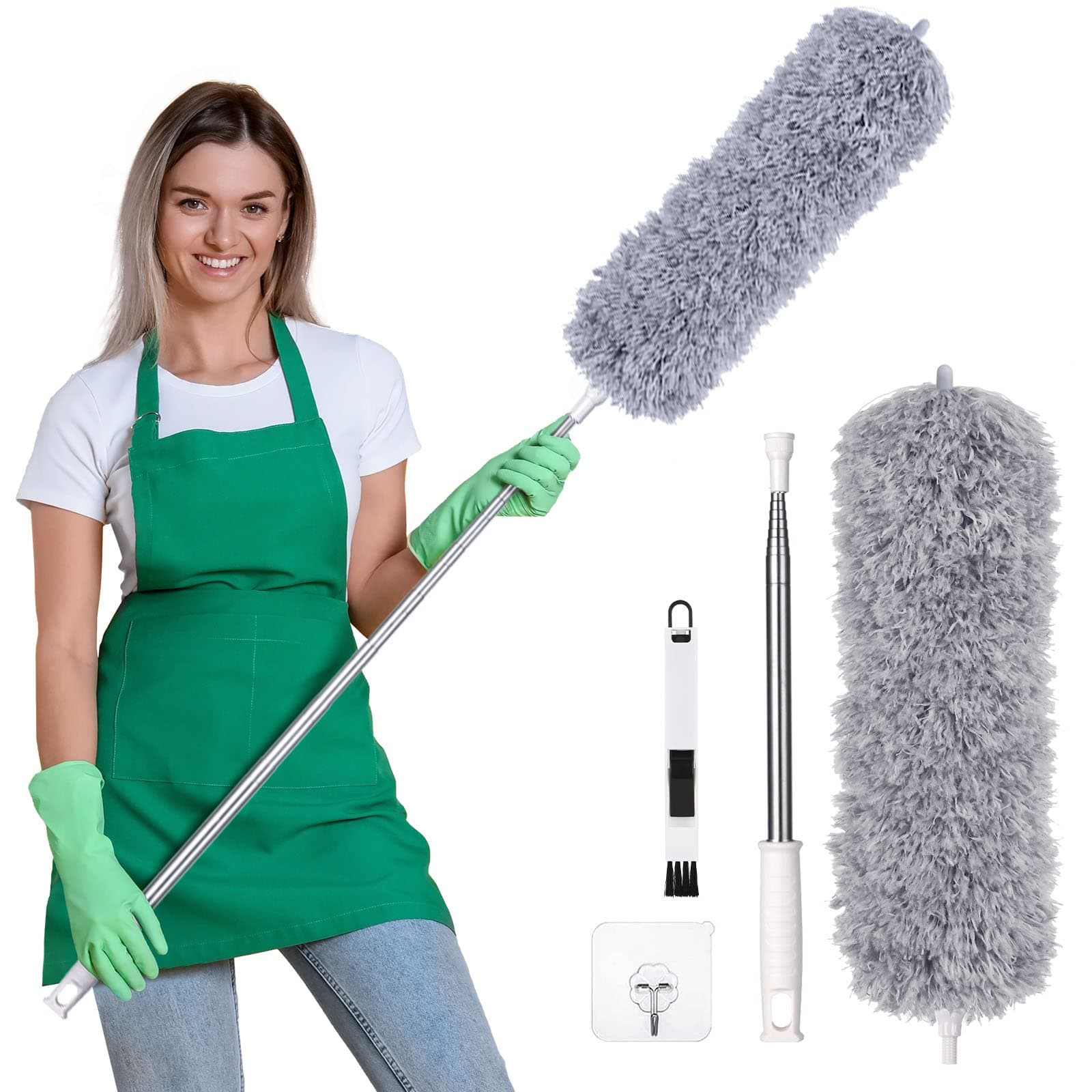 Vicloon Extendable Feather Duster, Bendable Reusable Microfiber Duster with 100" Extra Telescopic Extending Pole and Window Slot Cleaning Brush for Cleaning Ceiling Fan High Ceiling