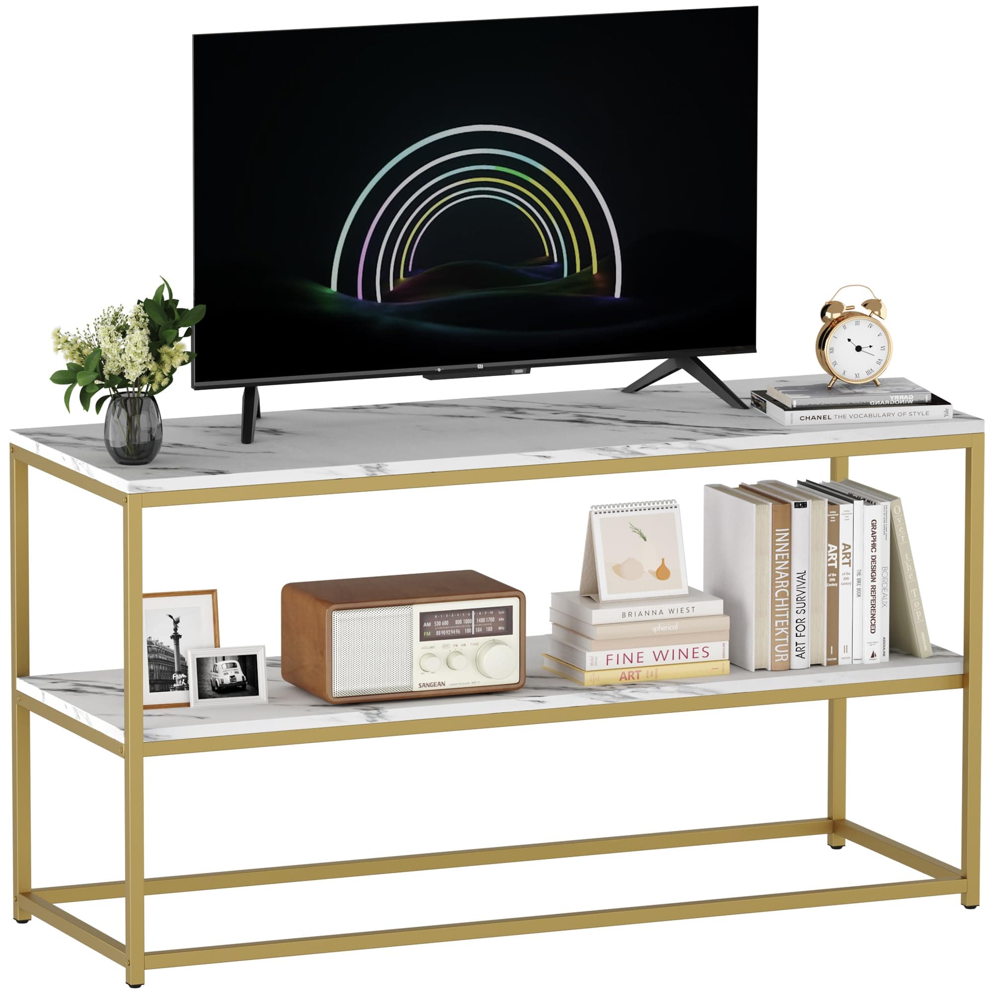 TV Stand for TVs up to 50 Inch, 2 Tier Entertainment Center, Modern TV Cabinet with Marble Top and Gold Metal Base, 42" Media Console Table with Storage for Living Room Bedroom