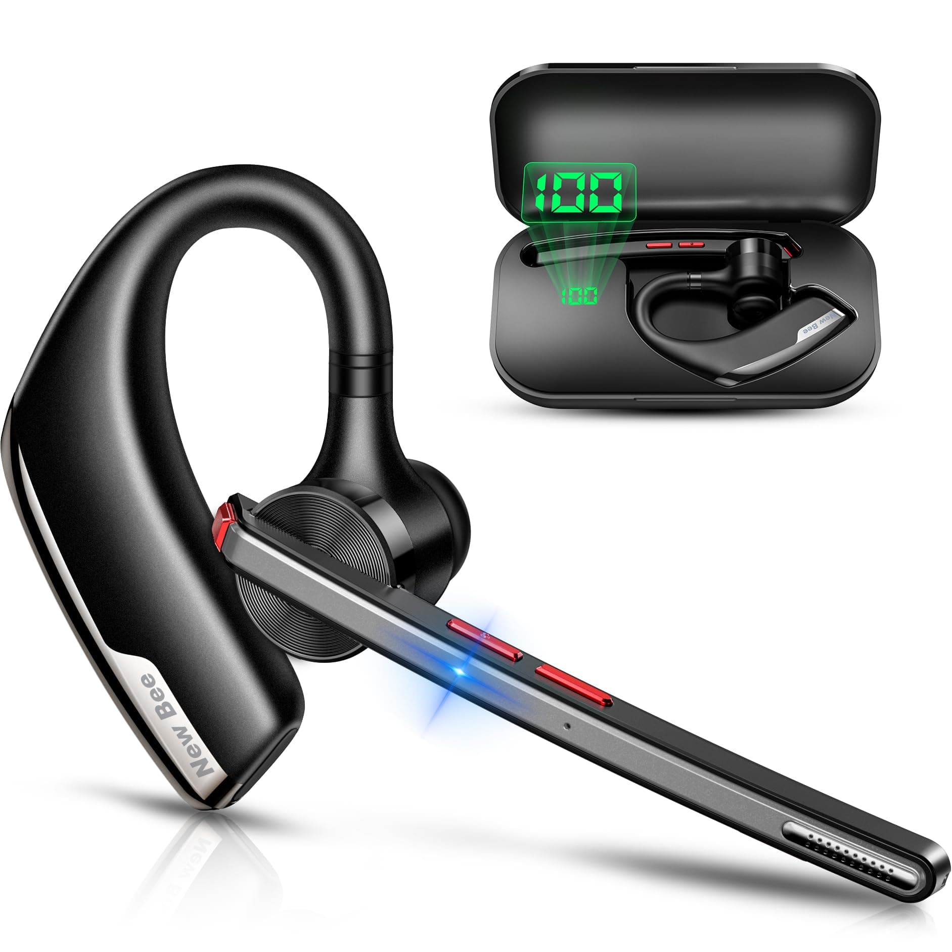 New Bee Bluetooth Headset, Wireless Bluetooth Earpiece for Cellphone with 500mah Charging Case 80h Playtime V5.2 Dual Mic Noise Cancelling Hands-Free Earphones for Office Driver