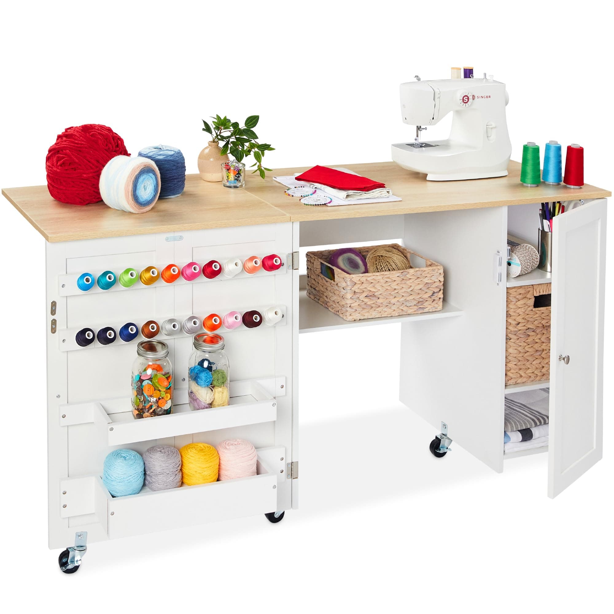 - Best Choice Products Large Folding Sewing Table, Multipurpose Portable Craft Station & Side Desk w/Compact Design, Caster Wheels, Storage Shelves, 2 Storage Trays, Magnetic Doors - Natural/White