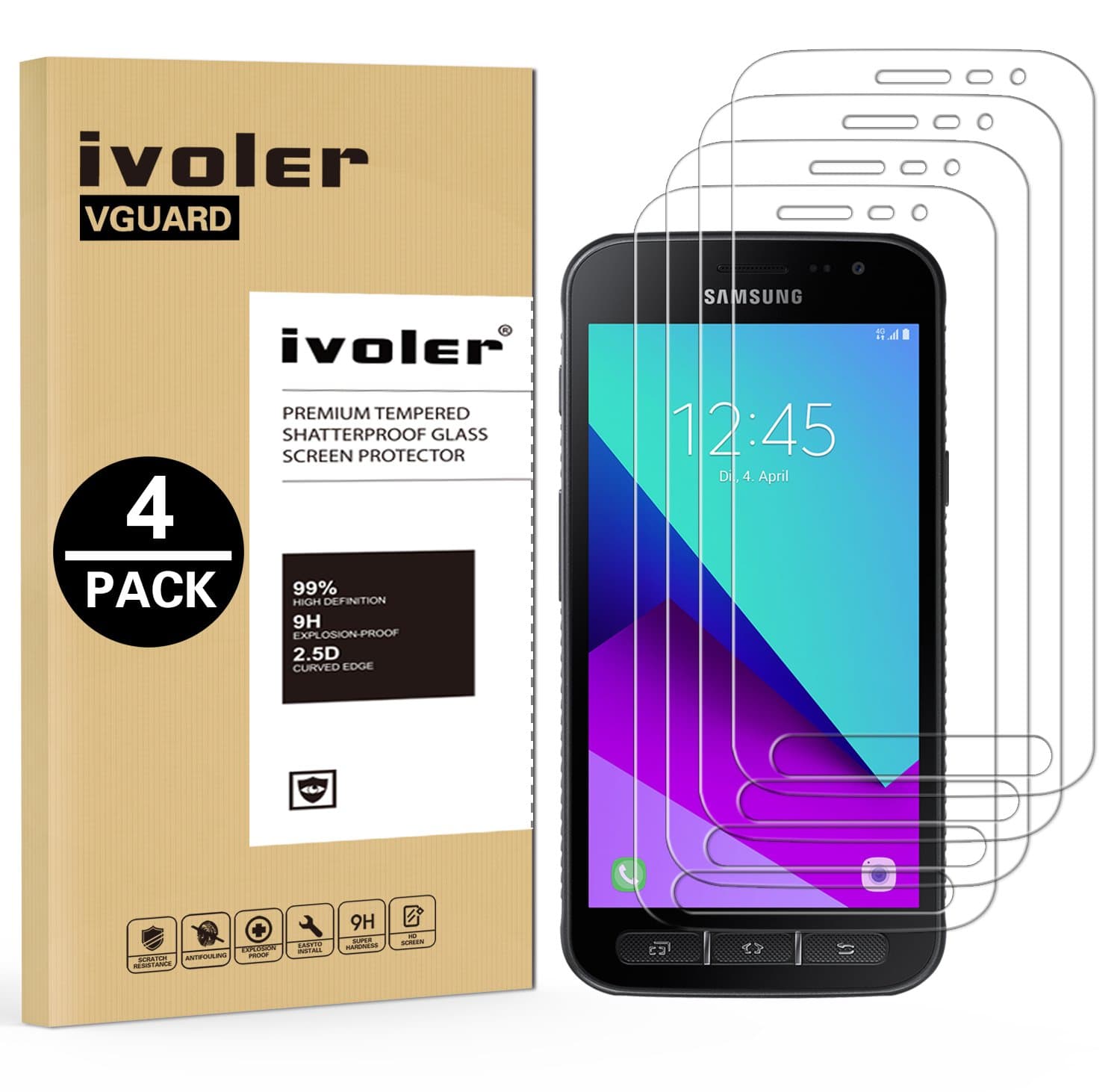 ivoler [4 Pack] Screen Protector for Samsung Galaxy Xcover 4S / 4, Tempered Glass Film for Samsung Galaxy Xcover 4 / 4S [9H Hardness] [Anti-Scratch] [Bubble Free] [Crystal Clear]