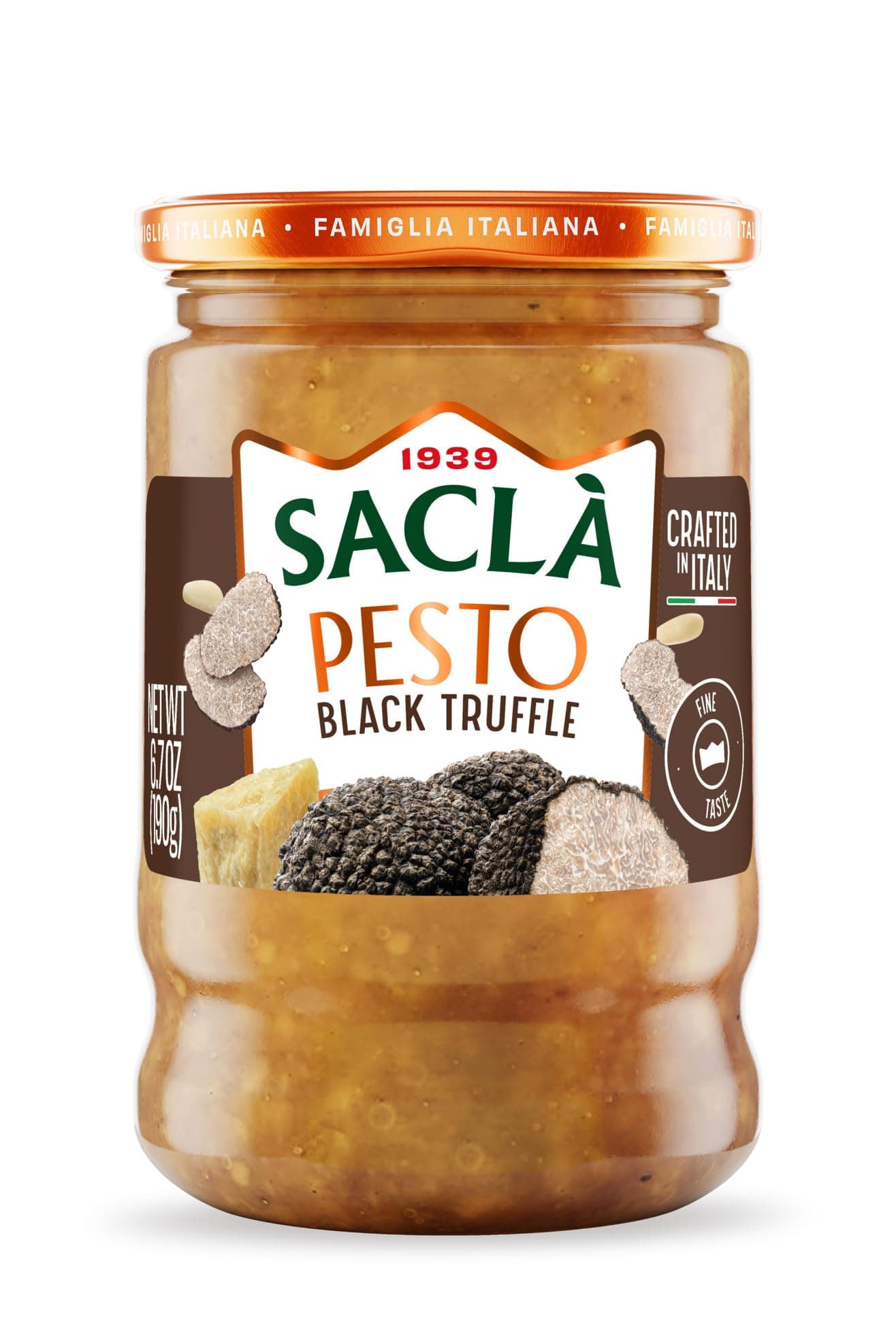 SACLA Pesto with Black Summer Truffle | Italian Basil Pesto Sauce with Real Truffle & Cheese | 6.7 oz Glass Jar | Gourmet Non-GMO Paste | Imported from Italy