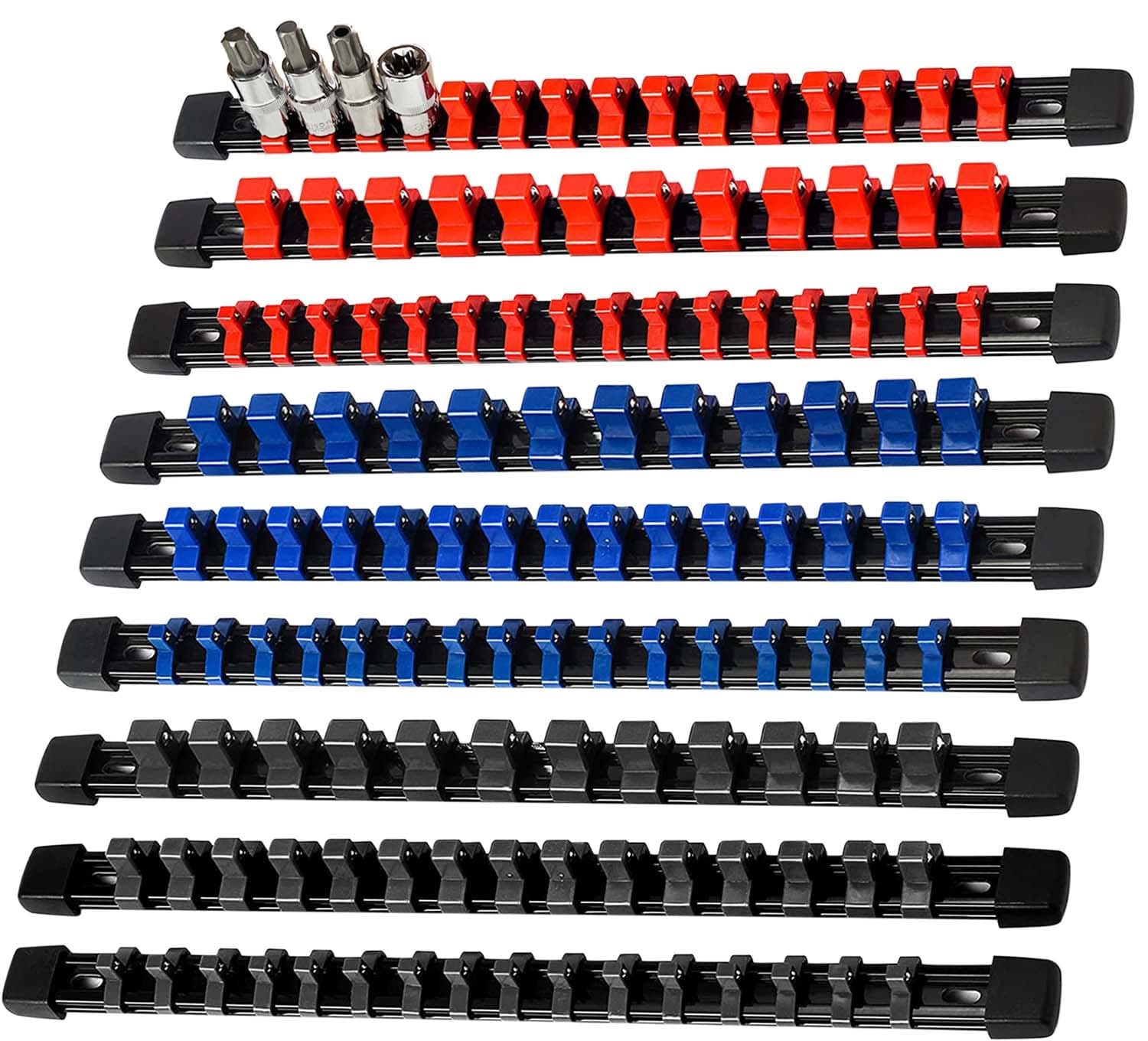9-Piece Socket Organizer, 1/2 inch, 3/8 inch and 1/4 inch Drive ABS Tools-Socket Holder,Heavy Duty Socket Racks, Premium Quality Socket Clip Rail Holder,The best tool trays in the garage