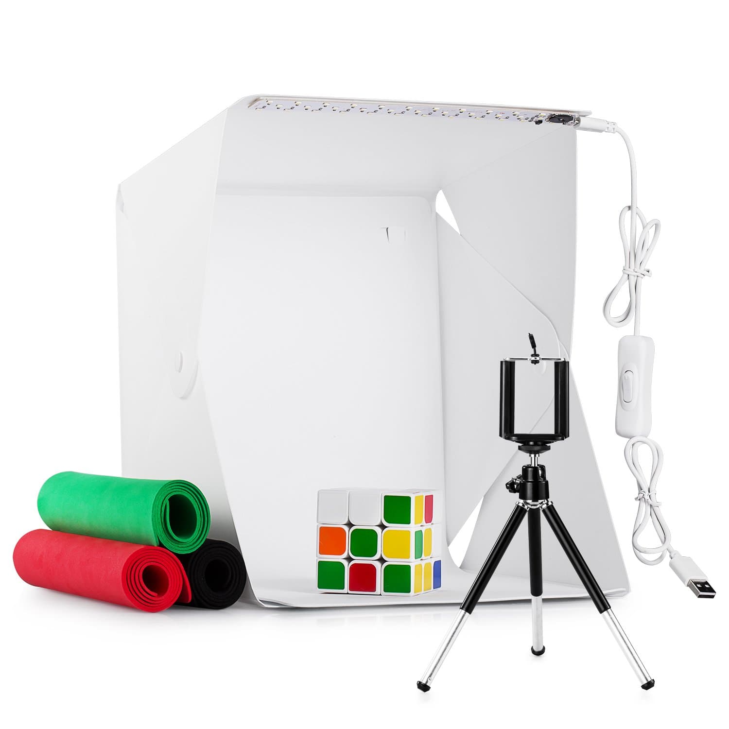 Photo Studio Tent,Mini Photo Studio Foldable LED Light Box 9.5 Inch,Portable Photo Studio Shooting Tent Kit Dimmable with 4 Colors Backdrops,USB Cable,Tripod Stand Holder for Smart Phone
