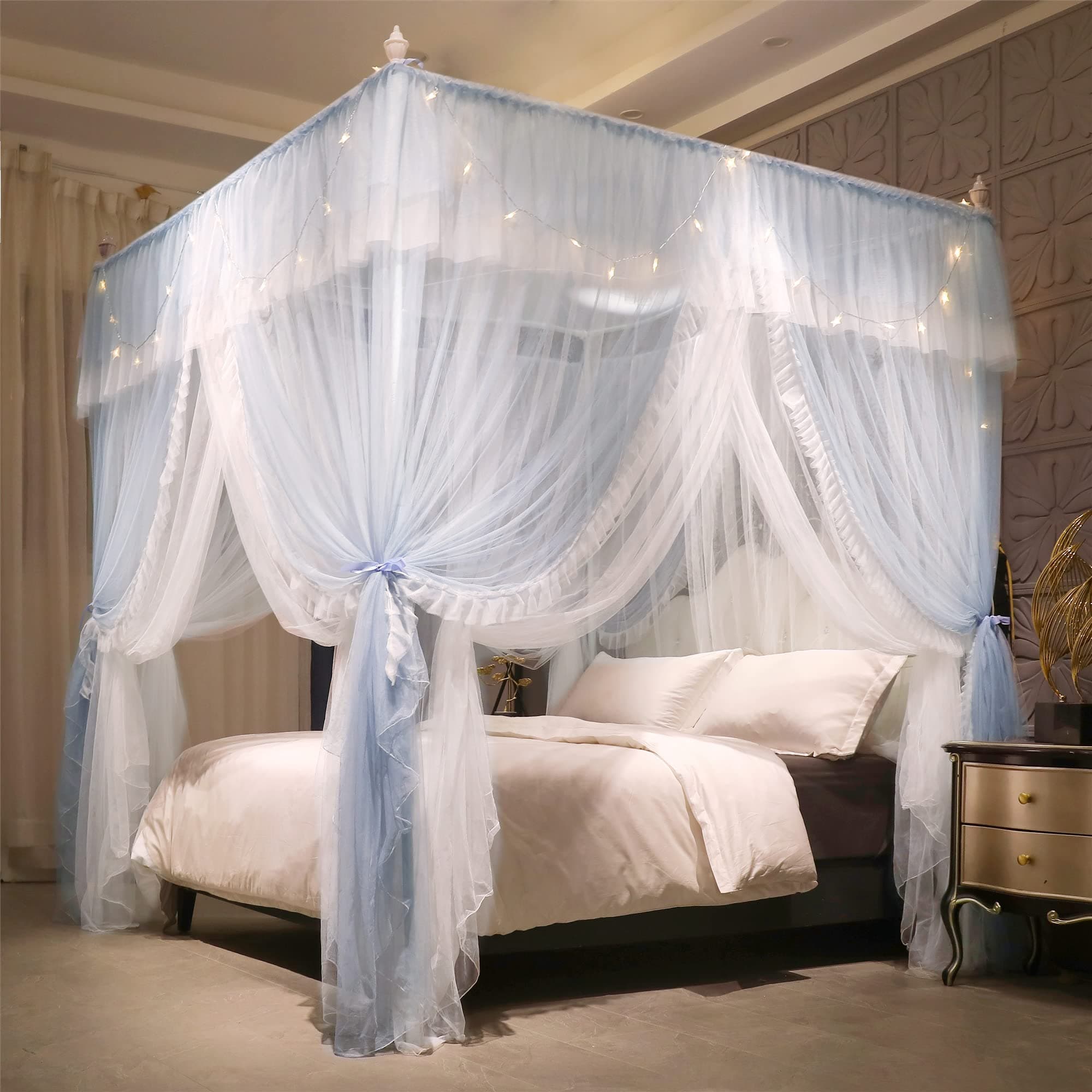 VETHIN 4 Corner Post Ruffle Princess Bed Canopy Curtain, 4 Openings Mosquito Net for Girls Adults Bedroom Decoration (Grey/White, 119.4 cm W x 198.1 cm L x 208.3 cm H/D) Win)