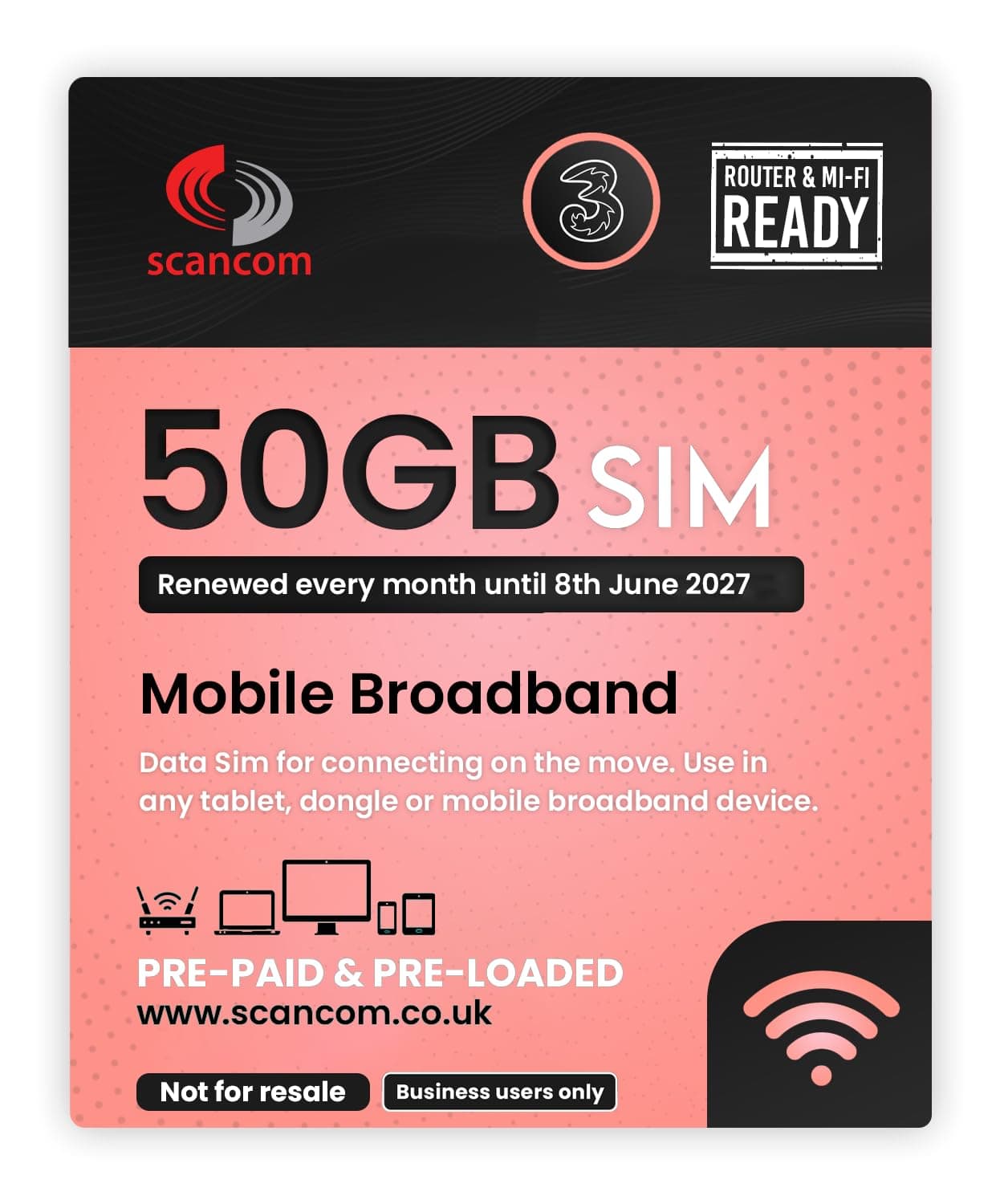 Three 50GB Data SIM - 5G Preloaded Every Month from now until 8th June 2027 - Perfect For Wifi Routers, Tablets & Phones - Business Grade 5G Data (50GB Expiry June 2027)
