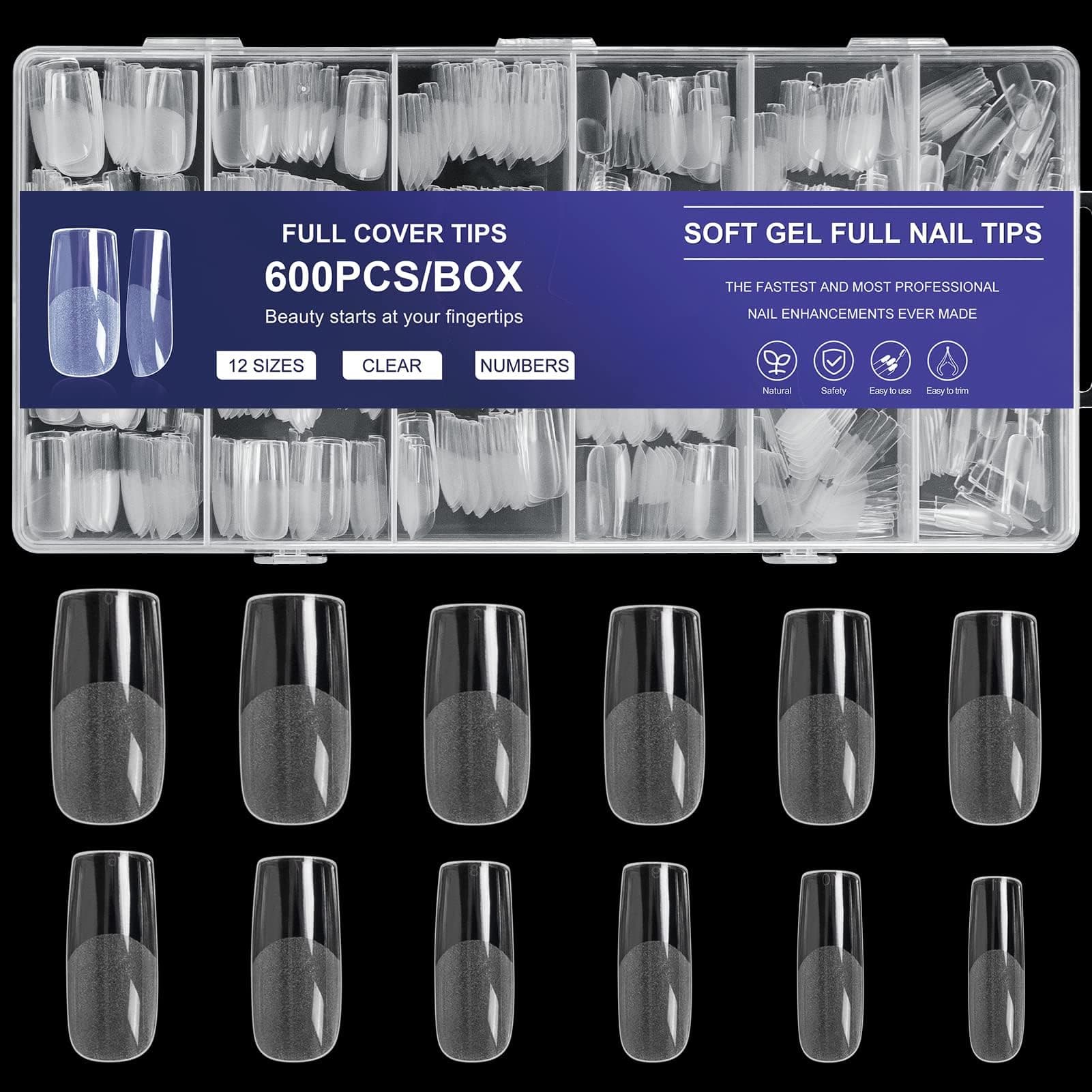 Square Nail Tips 600PCS: Artificial Full Cover Nail Tips, Soft Clear Acrylic Medium Press on Nails, 12Sizes False Nails with Box for Home DIY Nail Salon