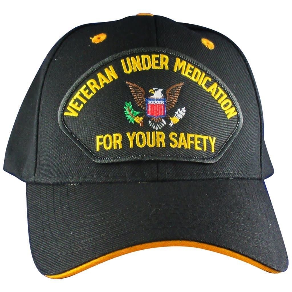 Medicated Veteran Hat, Funny Black Adjustable Baseball Cap, Embroidered Patch, Black, Gold, One Size Fits Most