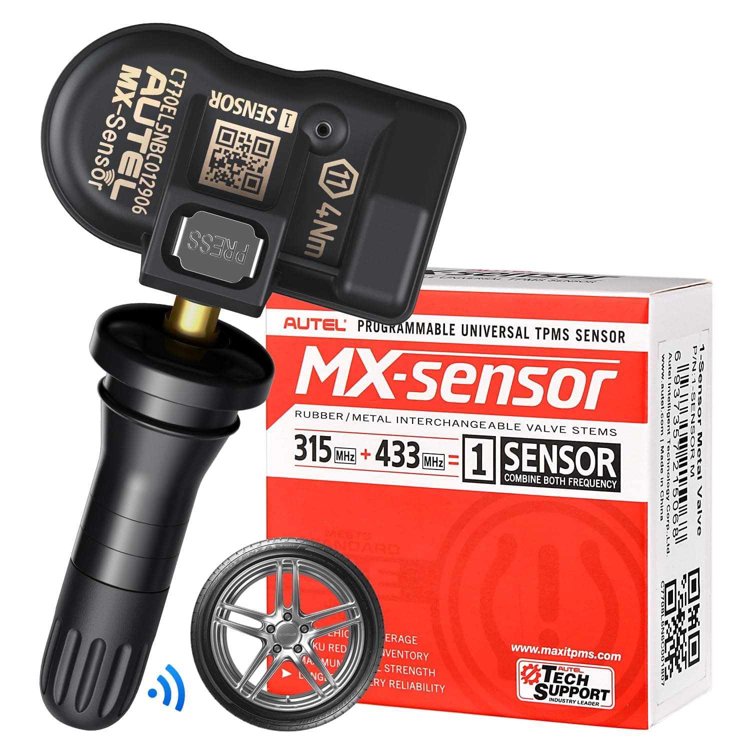 Autel TPMS MX Sensor 315MHz 433MHz Dual Frequency 1-Sensor, OEM Quality Universal Tire Sensors, 100% Programmable with Autel TS408S TS501 TS508 TS508WF MK808S-TS MS906TS (1PCS Press-in Rubber Valve)