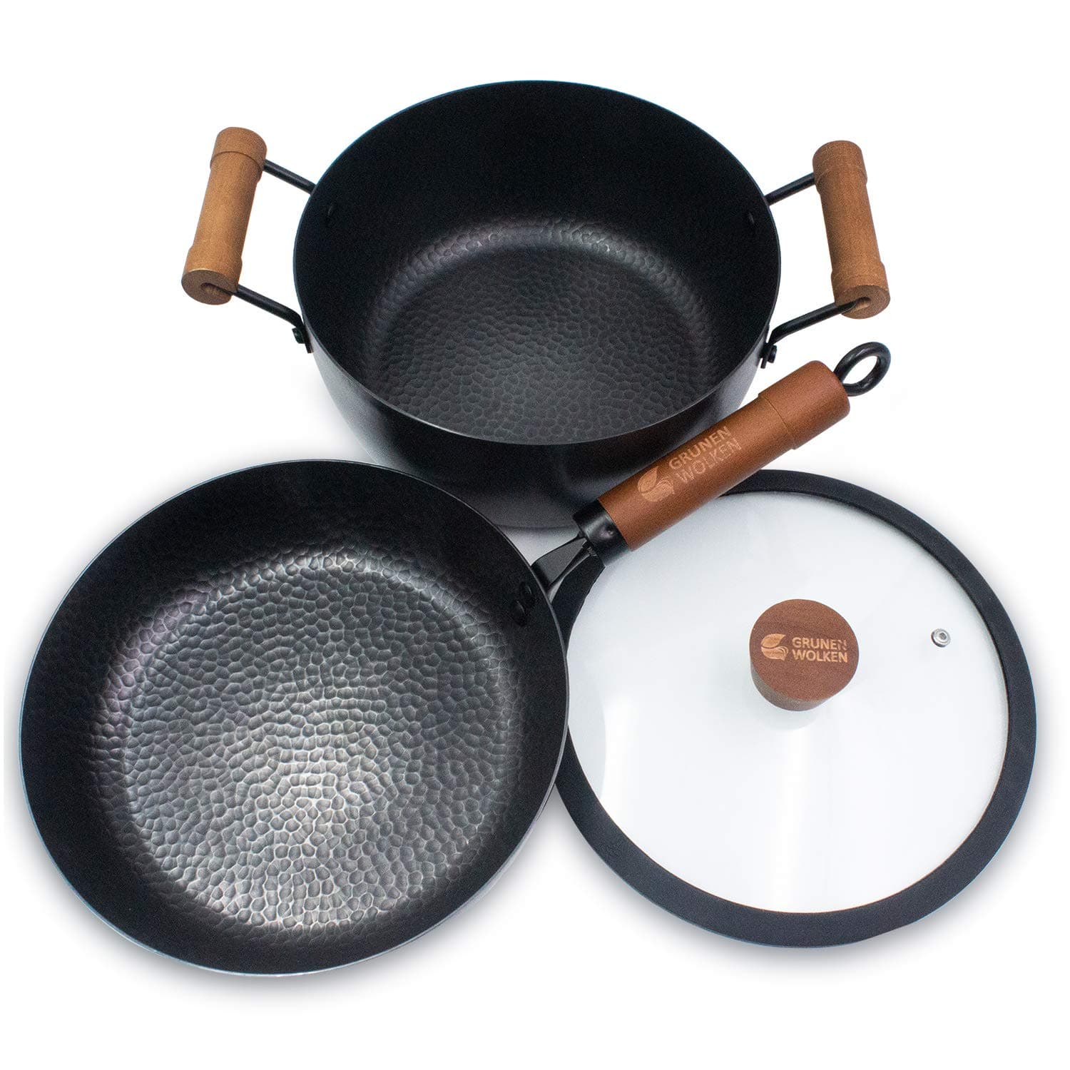 Stylish Nitriding Forging Iron 3-piece Cookware Set, 9.5-inch Skillet with Lid, 5-quart stockpot with Tempered Glass Cover, Anti-rust & Physical Nonstick