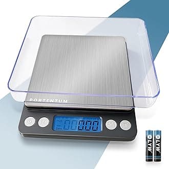PORTENTUM Digital Kitchen Scale 500g/0.01g - Food or Mail, Electronic, Stainless Steel, Measuring Function for Liquid in ml and fl. oz., Precision scale