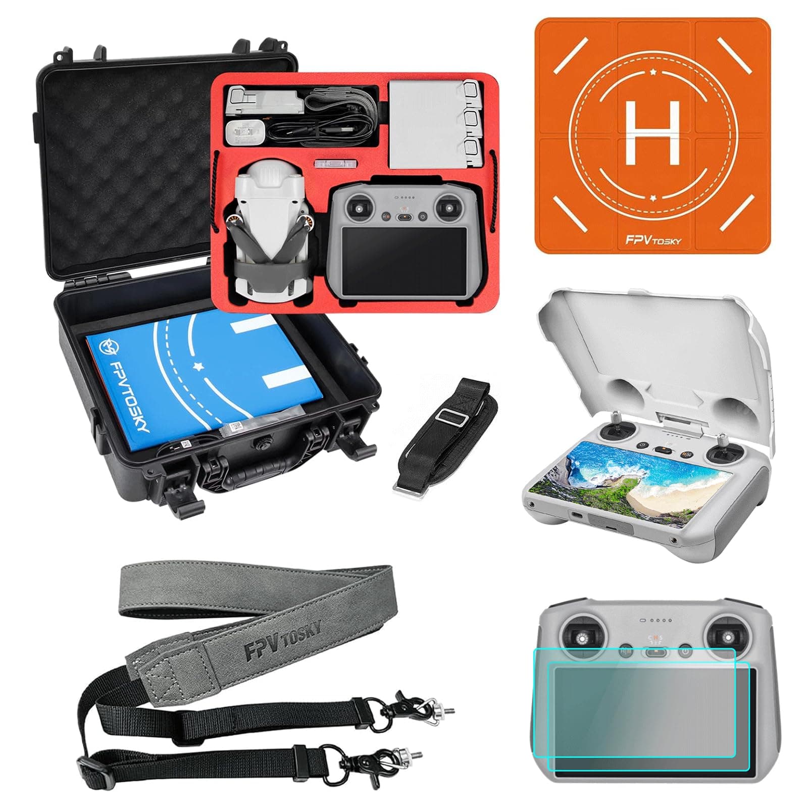 FPVtosky Mini 3 Pro Accessories Bundle - 5-In-1 Kit, Hard Case, Landing Pad, Sunshade Cover, Lanyard, Screen Protector for DJI Mini 3 Series