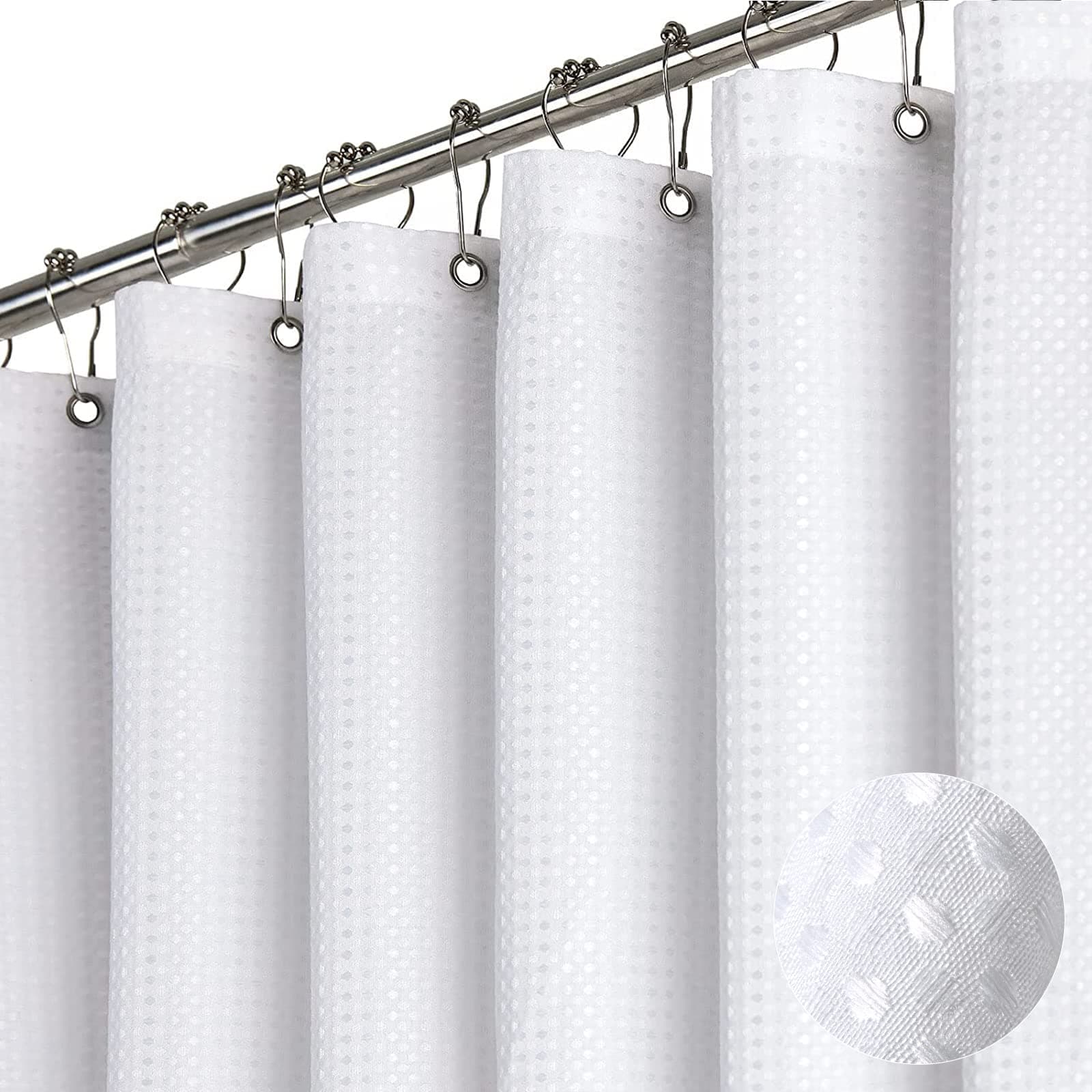Dynamene White Fabric Shower Curtain, Waffle Weave Heavy Duty Hotel Luxury Cloth Shower Curtains for Bathroom, 72 Inch 256GSM Weighted Bath Curtain Set with 12 Plastic Hooks,72x72