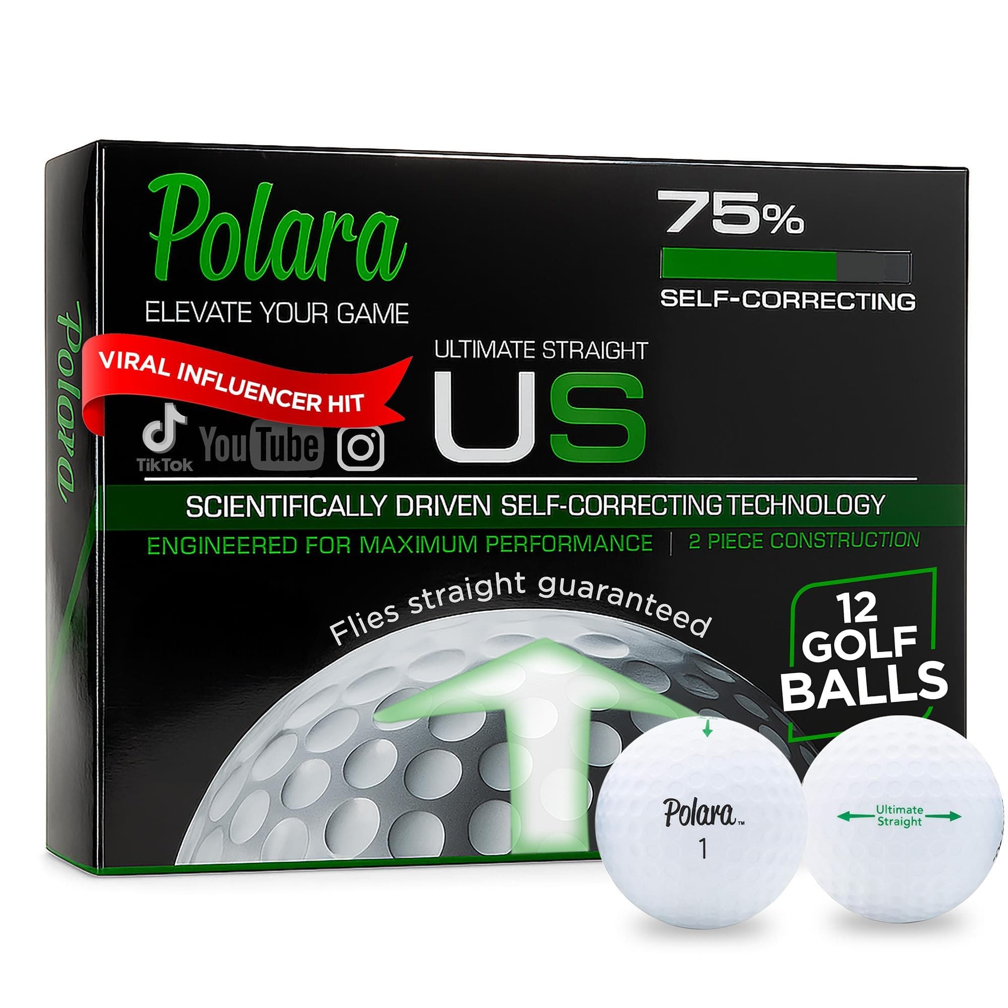 Polara Ultimate Straight, Extra Spin & Distance Premium Golf Balls | Hook & Slice Correction | Perfect for Recreational Golfers | 1 Dozen Balls