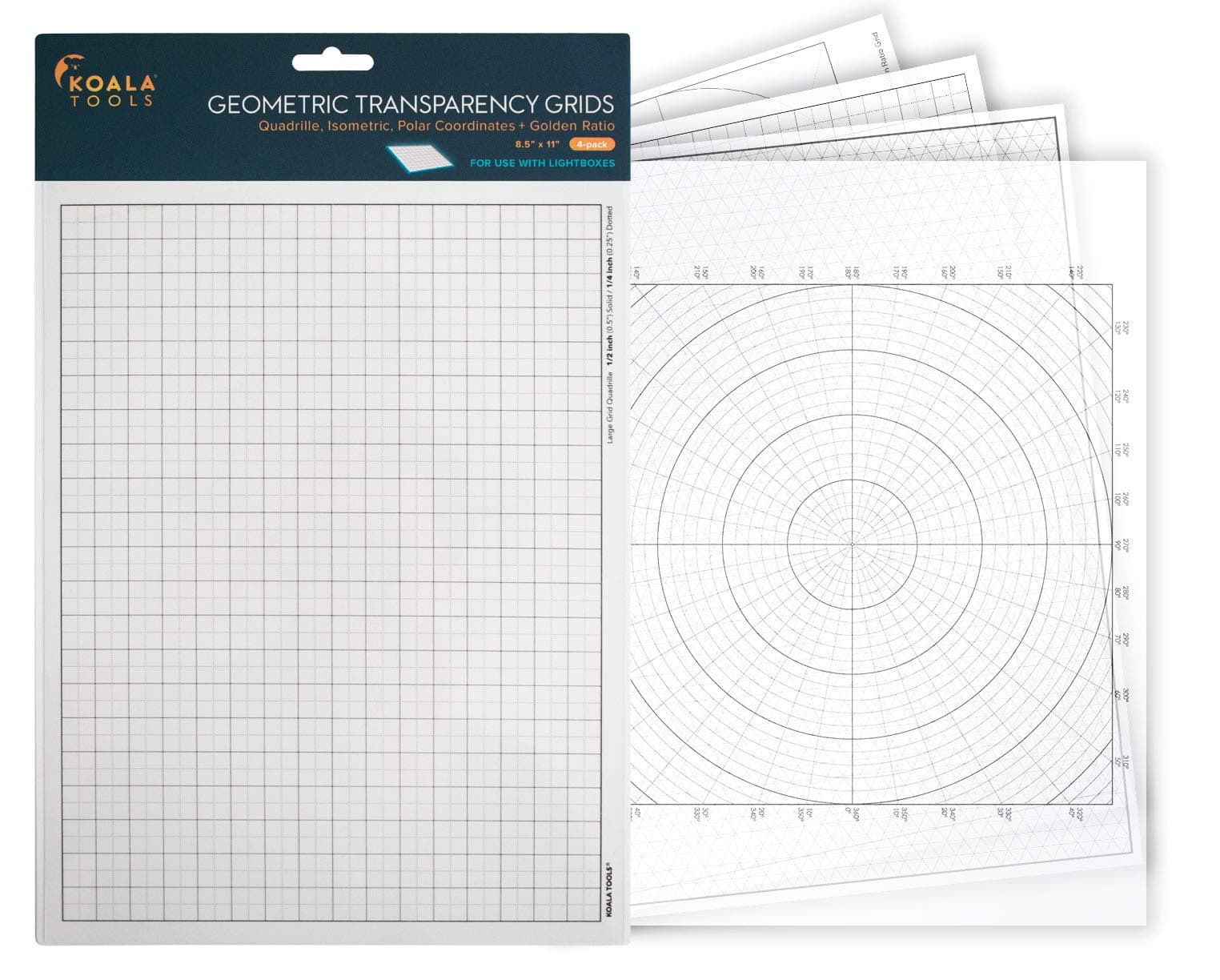 Koala Tools | Geometric Grid Transparency Sheets (Variety Pack of 4) - 8.5" x 11" | Overhead Projector and Light Box Transparencies - Tracing Film for Sketching & Drawing