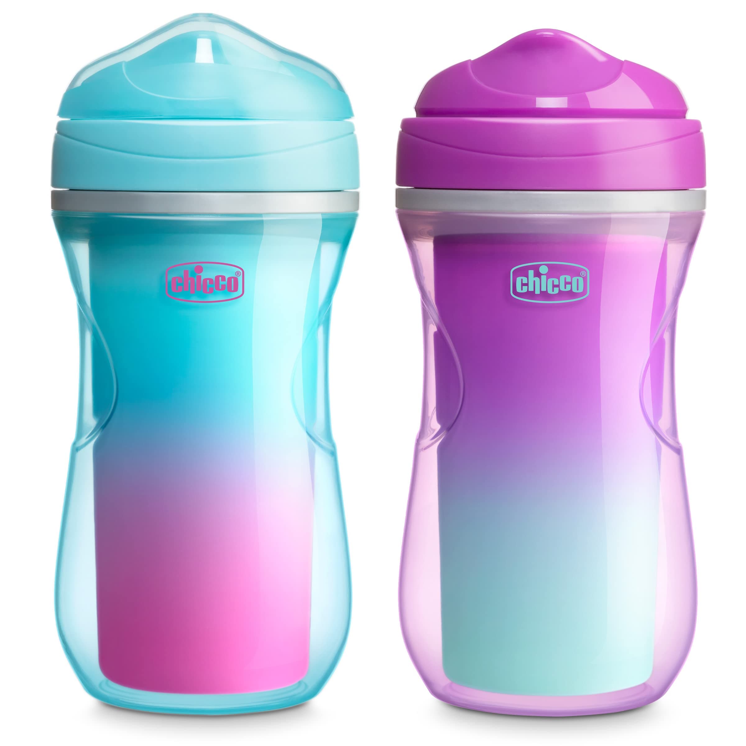 Chicco 9oz. Double-Wall Insulated Sippy Cup with Bite-Proof Rim Spout and Spill-Free Lid | Top-Rack Dishwasher Safe | Easy to Hold Ergonomic Indents | Pink/Teal/Purple Ombre, 2pk| 12+ Months