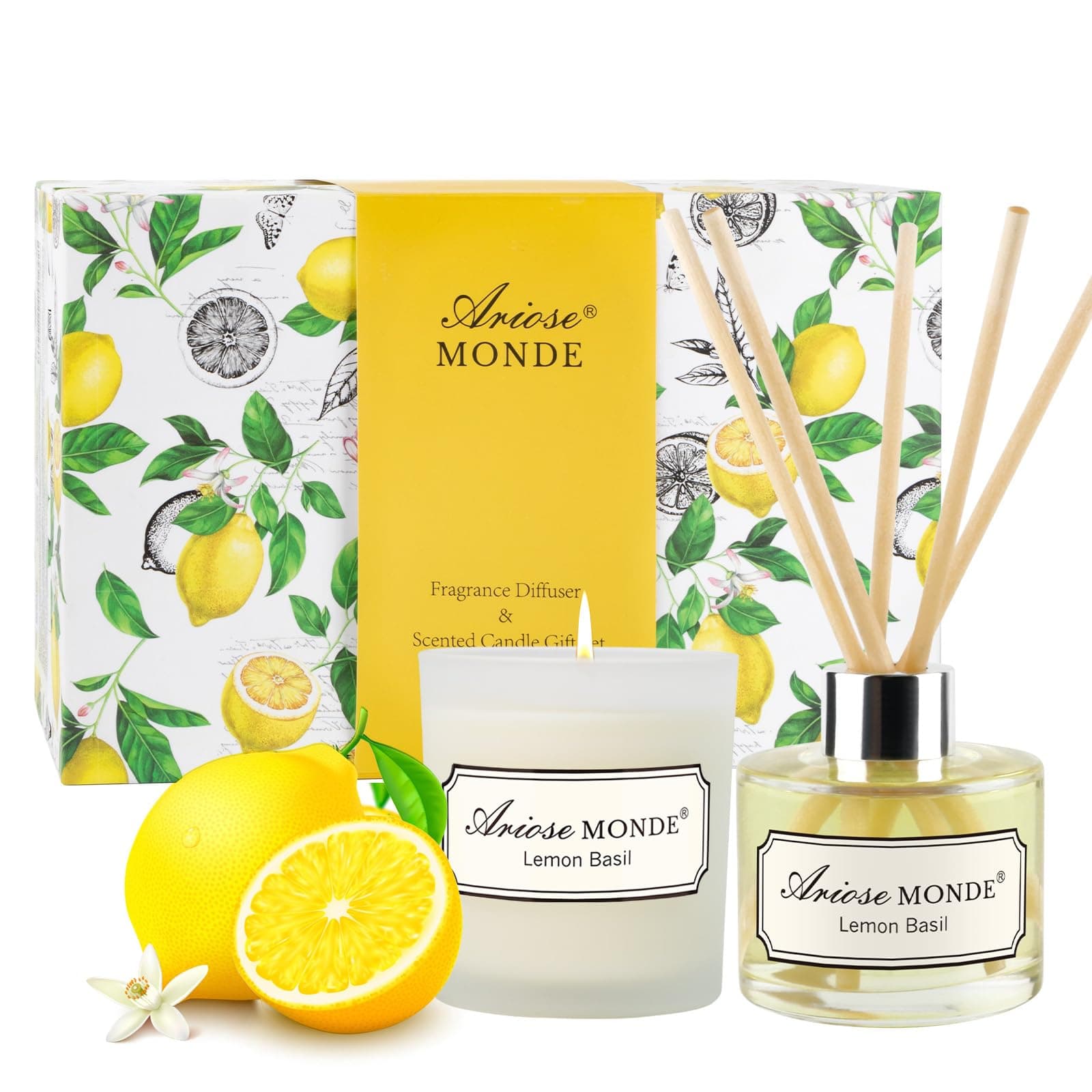 Reed Diffuser & Scented Candle Gift Set, Lemon Basil Oil Diffuser Sticks, Fragrance Diffuser & Soy Wax Candles in Glass Jar, Natural Soy Candles Gifts for Home Decor