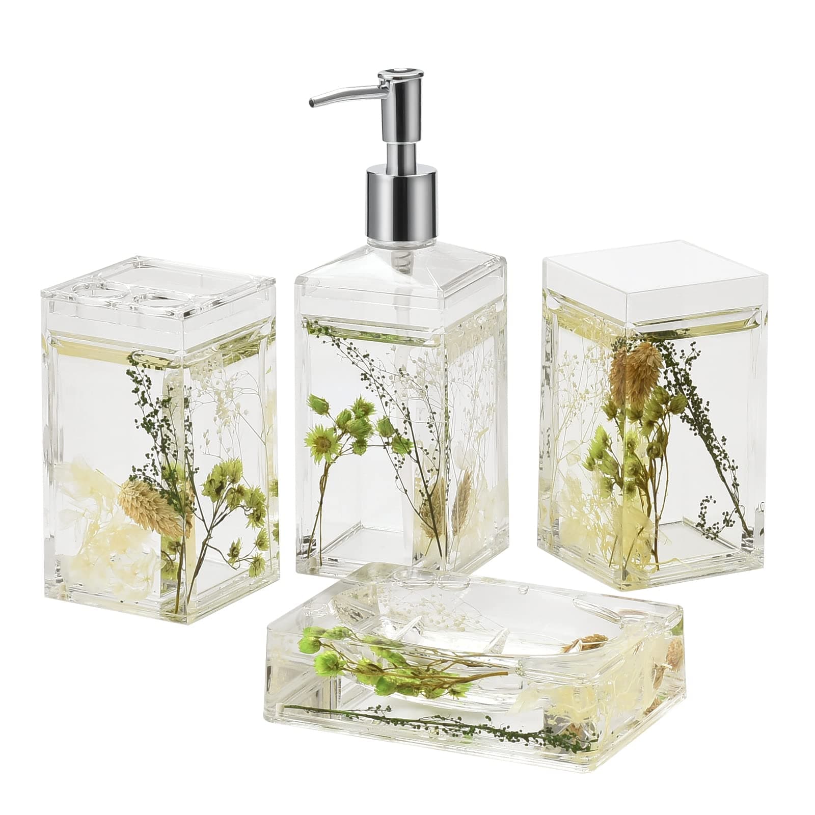 Locco Decor 4 Piece Acrylic Liquid 4D Floating Motion Bathroom Vanity Accessory Set Garden Botanic Green Plants Toothbrush Holder, Tumbler, Soap Dispenser, Soap Dish