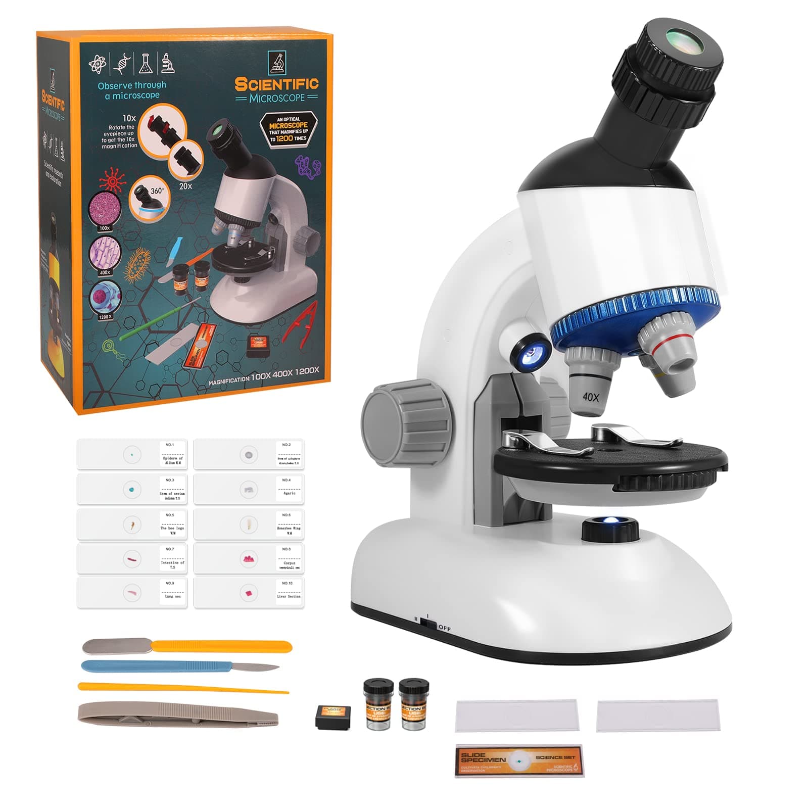 Microscope for Kids, Petrichor 40X-1200X Magnification Microscope with LED for STEM Beginners, Child Toy Science Microscope with Slides Specimens for Boys Girls Students