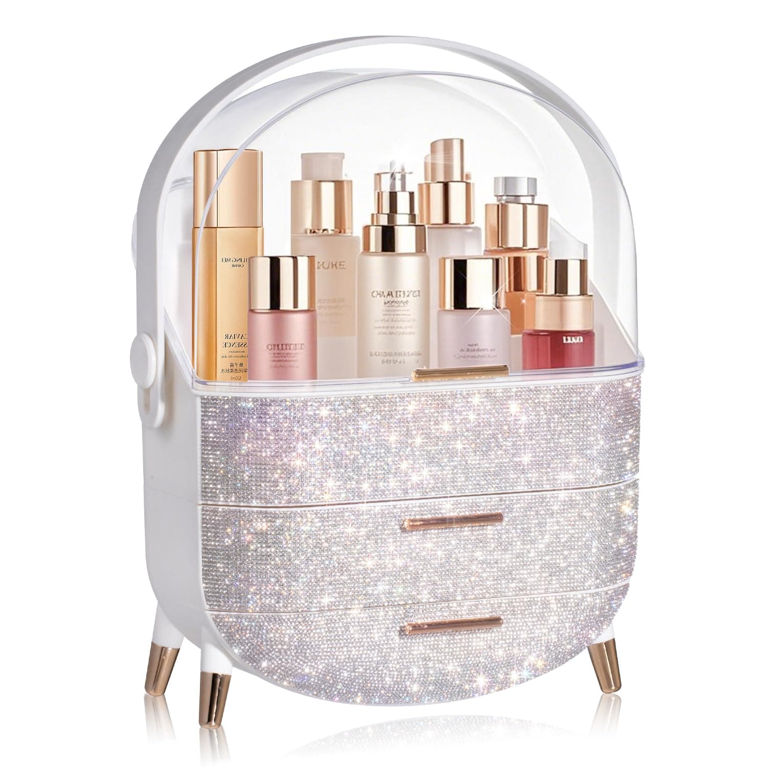 MASSY Egg Shape(Oval) Makeup Storage Box, Countertop Portable Vanity Cosmetics Organizer Preppy Style (Rhinestone White)