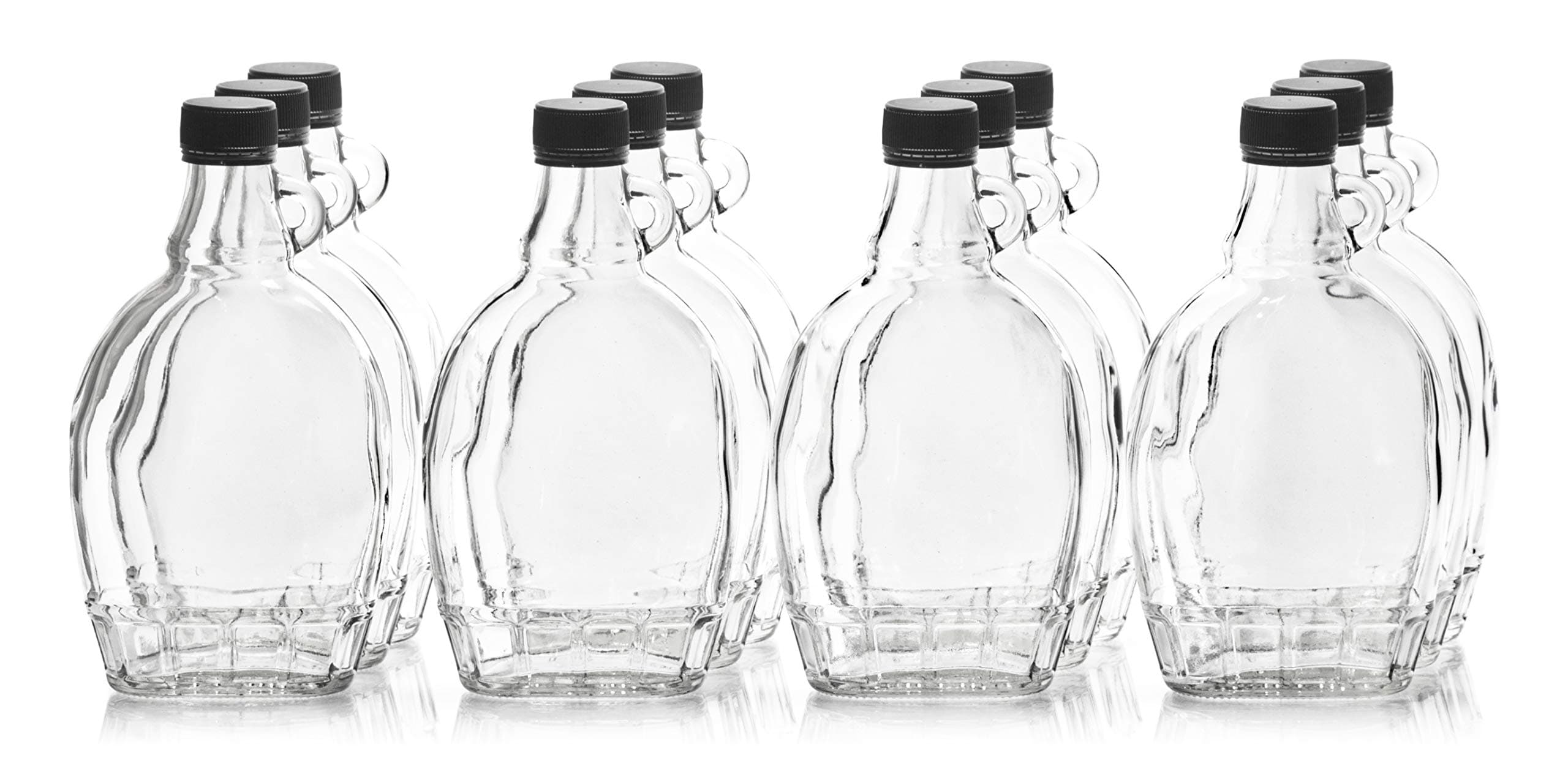 North Mountain Supply 12 Ounce Glass Maple Syrup Bottles with Loop Handle & Black Plastic Tamper Evident Lids - Case of 12