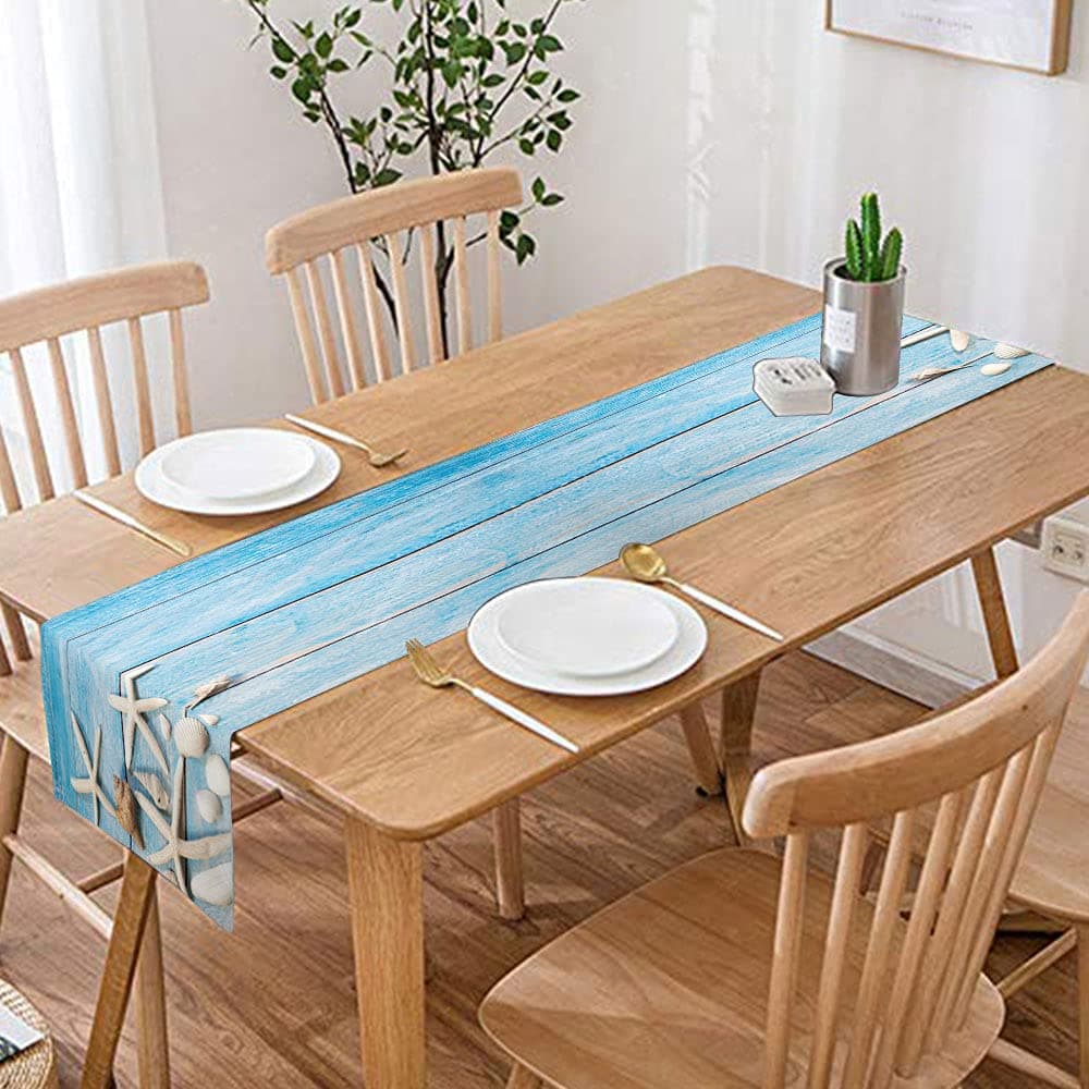 Musesh Blue Table Runner Summer Beach Sea Shells Ocean Star Blue Wooden 13X72Inch Summer Teal Table Runner for Kitchen Dining Sofa End Table Home Living Room,Scarfs Decor for Holiday Dinner Table