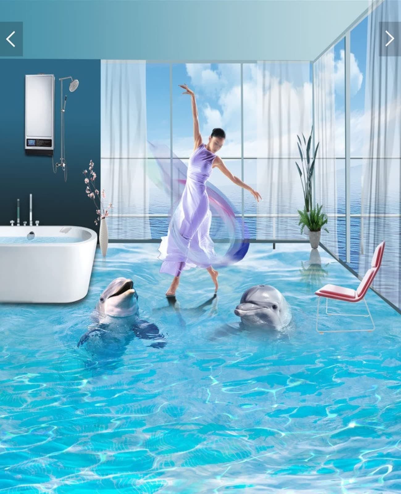 Wall Mural Wallpaper 47 x 32 inch (Width x Height) 3D PVC Flooring Custom Wall Sticker A Pair of Ocean Dolphins 3D Bathroom Flooring Painting Photo 3D Wall murals Wallpaper