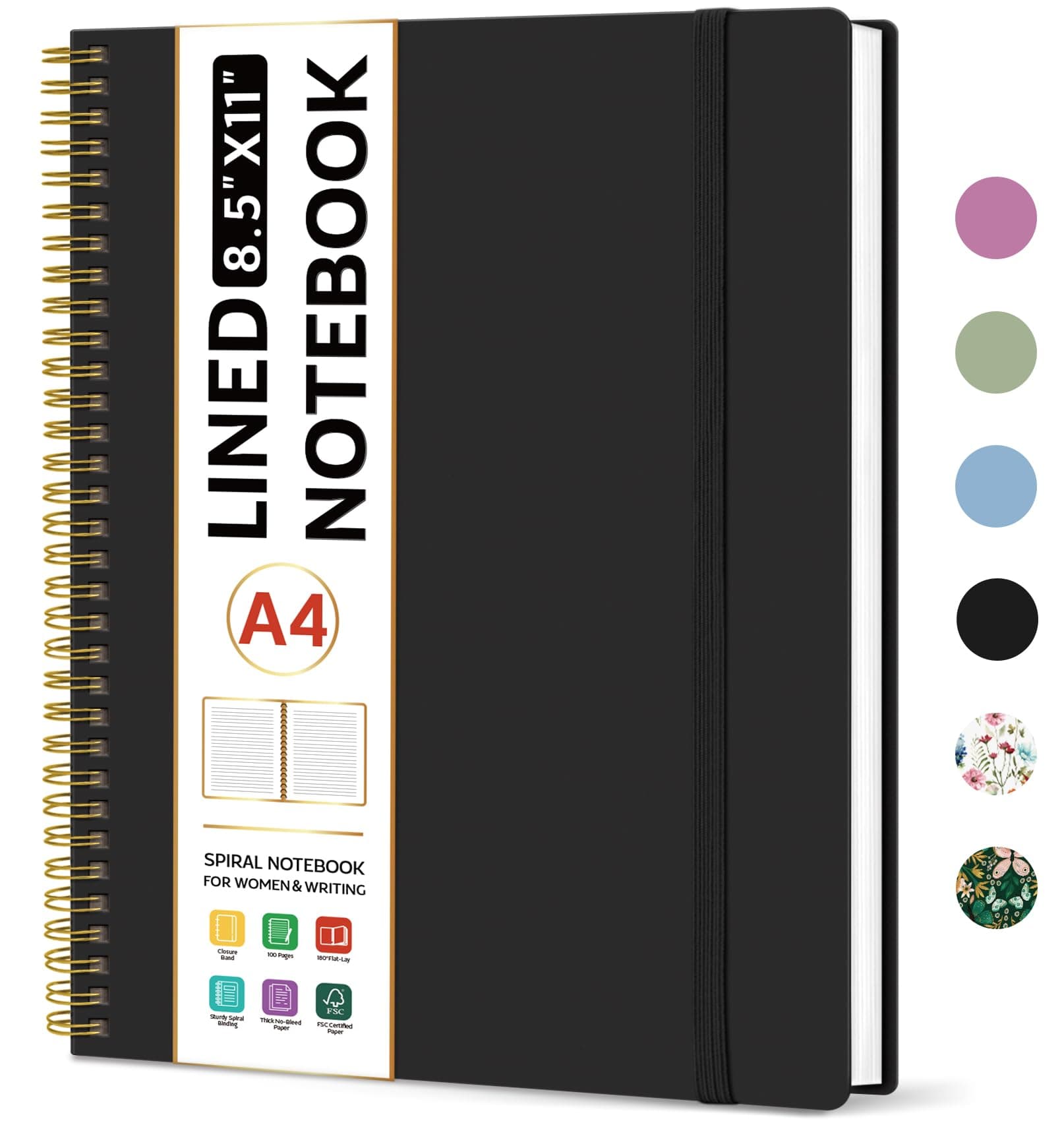 Taja Spiral Lined Notebook, 8.5"x11" Notebooks for Work, Large A4 Journal for Women & Men, College Ruled Journaling Notebook for Writing, Plastic Cover Spiral Journal, Black