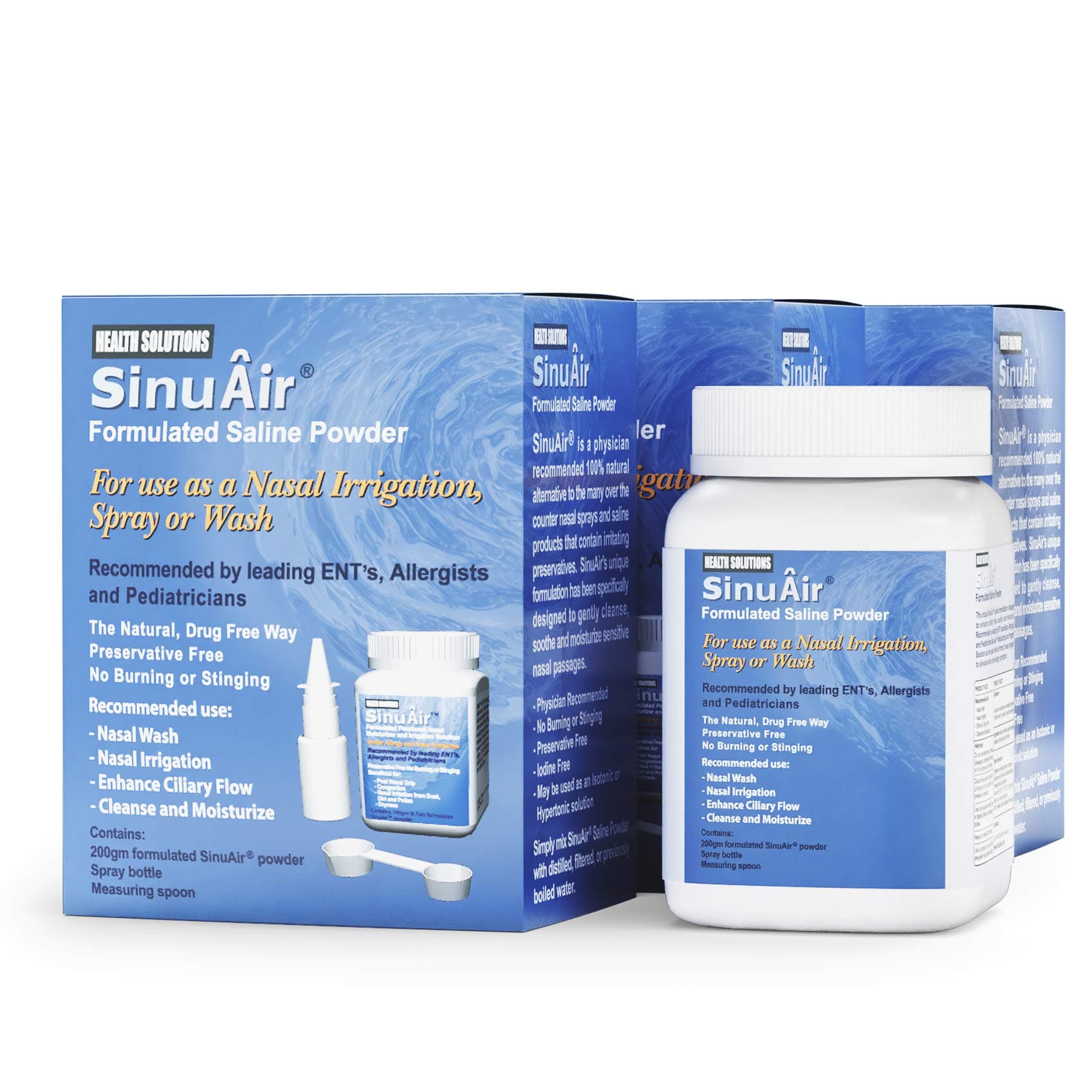 SinuAir Sinus Rinse Salt Solution - Saline Powder for SinuPulse System, Neti Pot Flush, Nasal Wash Squeeze Bottle, & Nose Irrigation, Enhanced Formulation & Cleaning for Sinuses, 200g Bottle (3-Pack)
