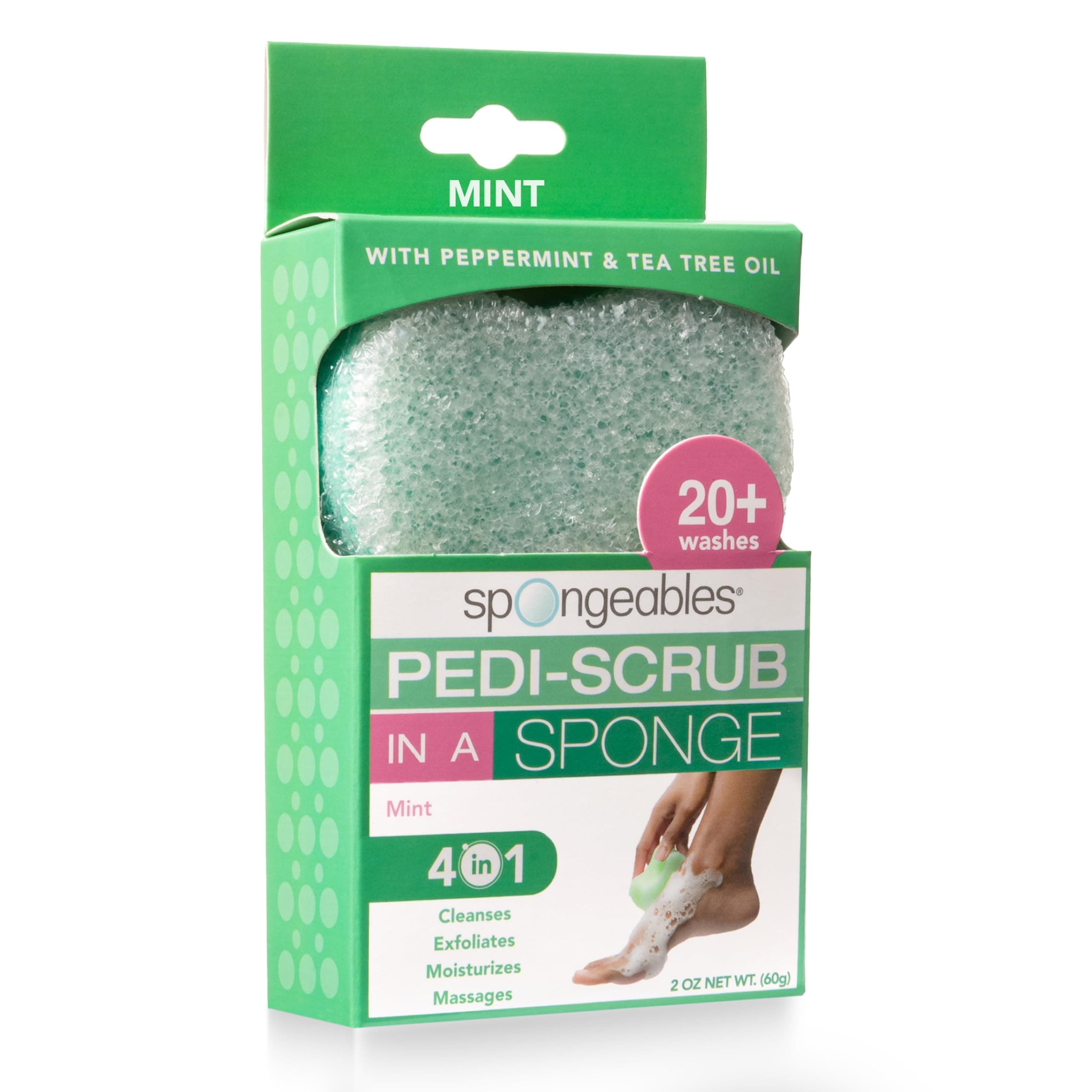 Spongeables Pedi-scrub Foot Buffer, The Soap is In The Sponge, Contains Peppermint and Tea Tree Oil, Foot Exfoliating Sponge, 20+ Washes, Mint Scent, 2 Ounce Sponge, Pack Of 1, Green (S157A6-AMZ)