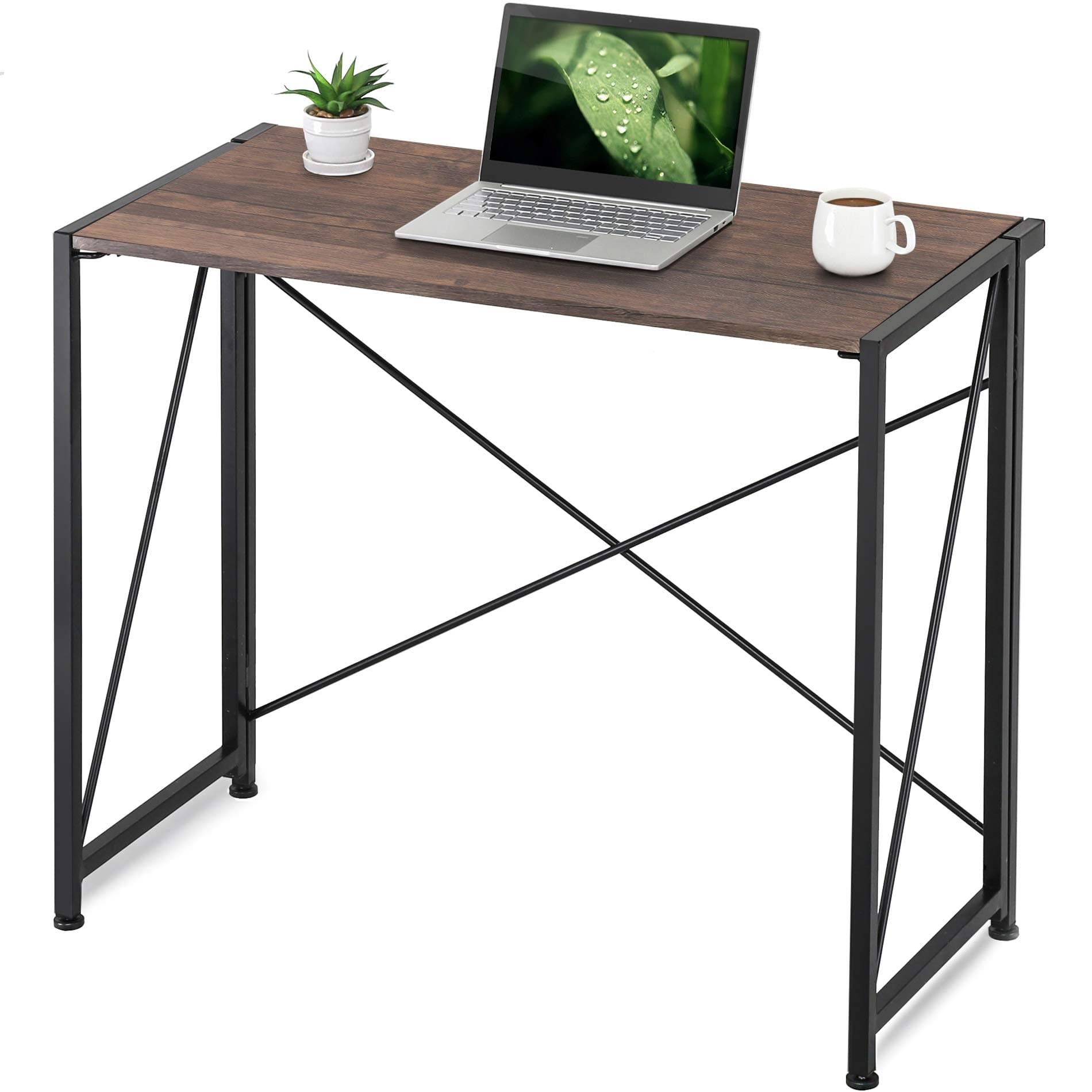 Espresso Floding Computer Desk Wood and Metal Writing Table for Home and Office