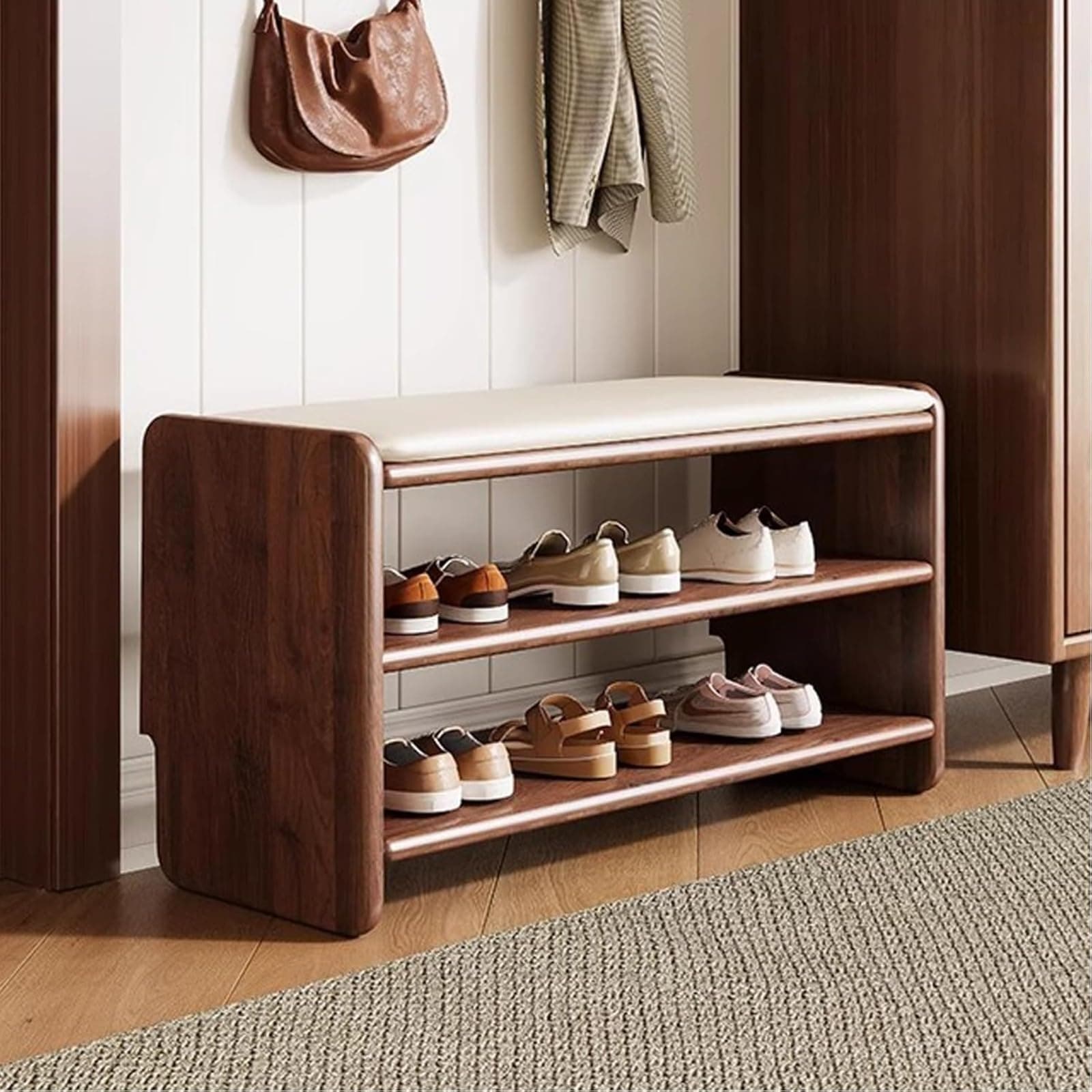 Brown Solid Wood Changing Shoe Stool Household Shoe Rack Bench Entryway Bench with Leather Cushion for Bedroom Living Room Balcony