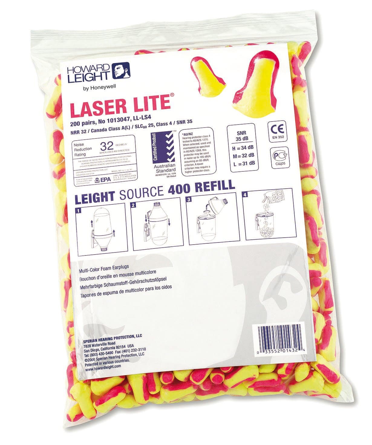 Howard Leight by Honeywell Laser-Lite Single-Use Earplug Refill Pack, SNR 35, 200 pairs