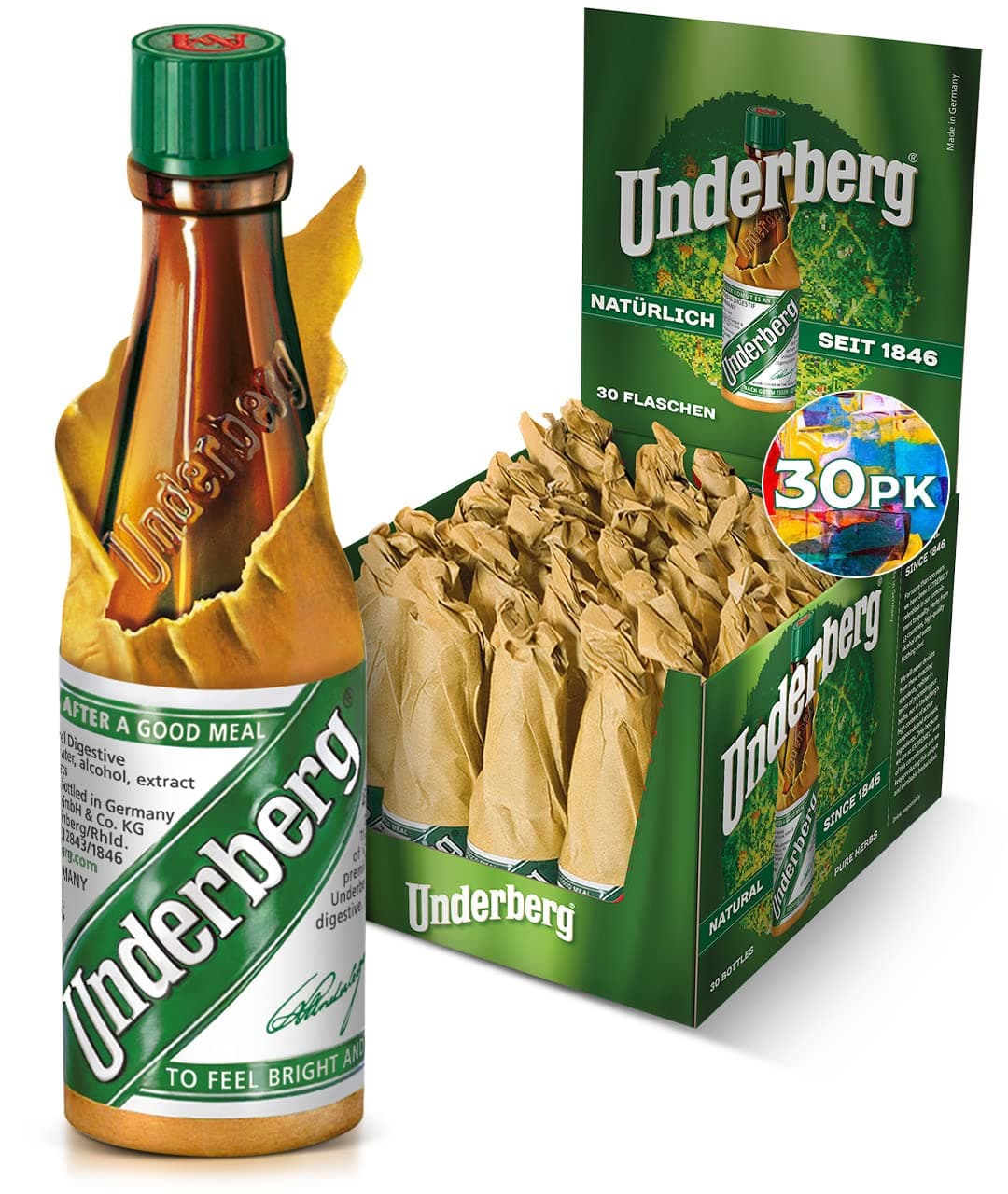 Underberg Herbal Bitters For Digestion, 30 Pack (Single-Dose Bottles) | The Original Herbal Digestive Bitters From Rheinberg | Liquid Recipe w/ 43 Aromatic Herbs | Natural Digestion Bitter, Non-GMO