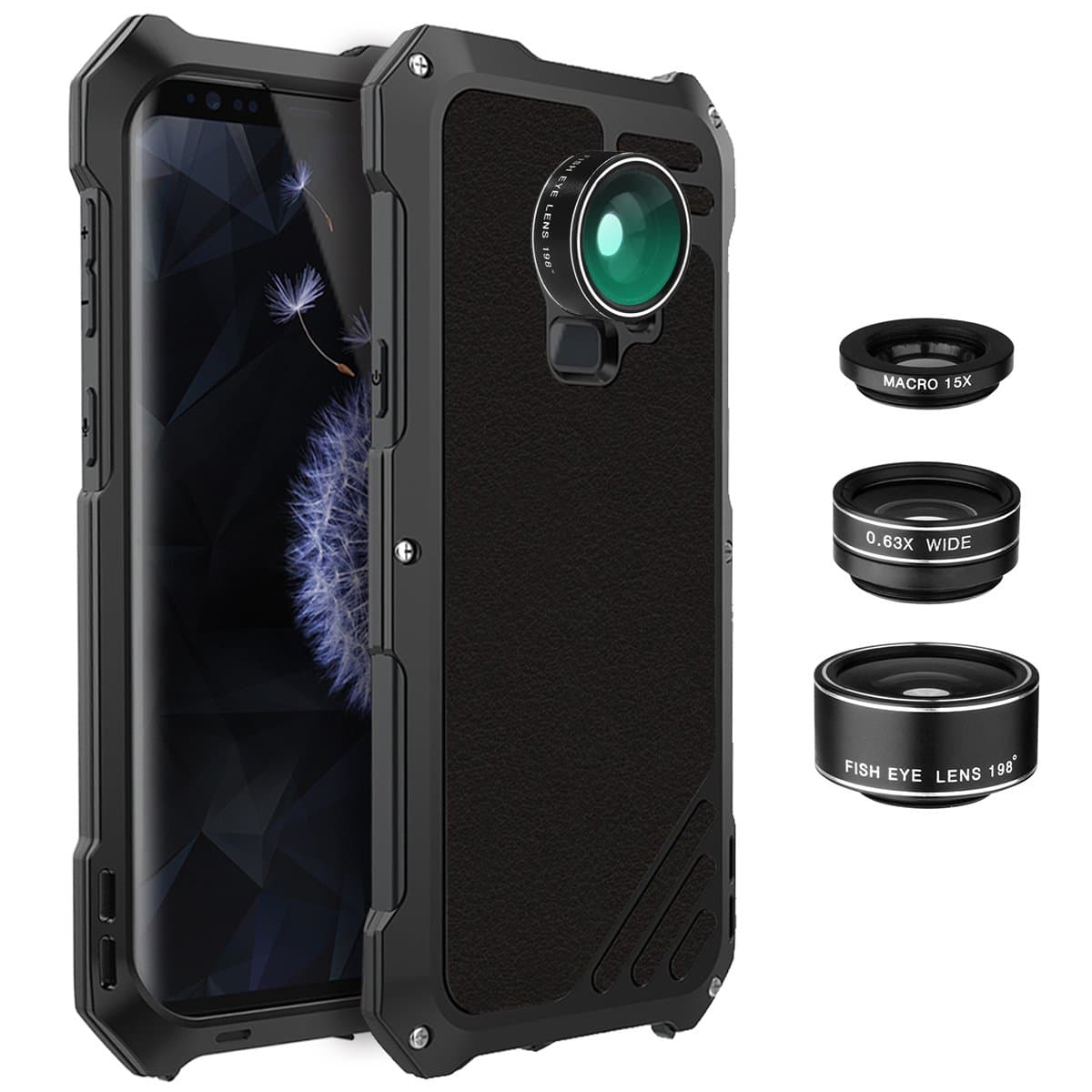 Galaxy S9 Plus Lens Kit Case, SHEROX - 3 in 1 198° Fisheye Lens + 15X Macro Lens + Wide Angle Lens with IP54 Dustproof Shockproof Aluminum Case for Samsung Galaxy S9+ Plus (Black)