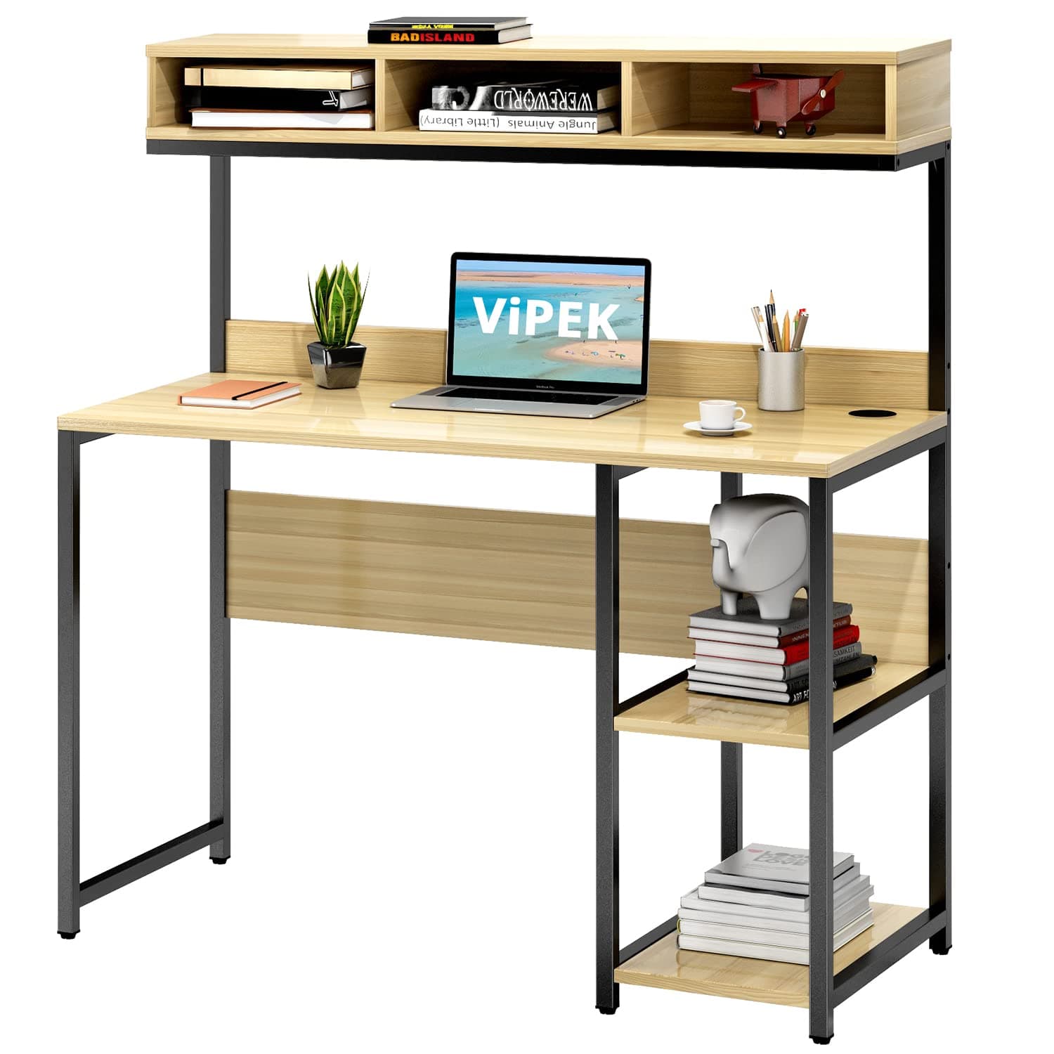 VIPEK Computer Desk 42 Inch Study Writing Desk PC Laptop Table for Home Office, School Student Desk with Hutch & Storage Shelves, Corner Table for Small Space Bedroom, Easy Assemble, Oak