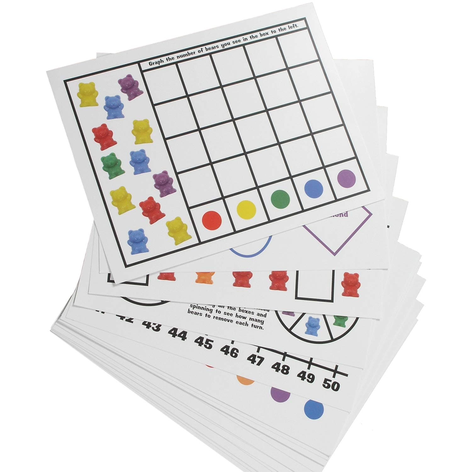 Legato Counting Bear Activity Sheets and eBook; 20 Large, Glossy Card Stock Sheets (each 8.5" x 11"); Helps with Patterns, Graphing, Colors, and More! Use with any 1" bear manipulative with 6 colors.